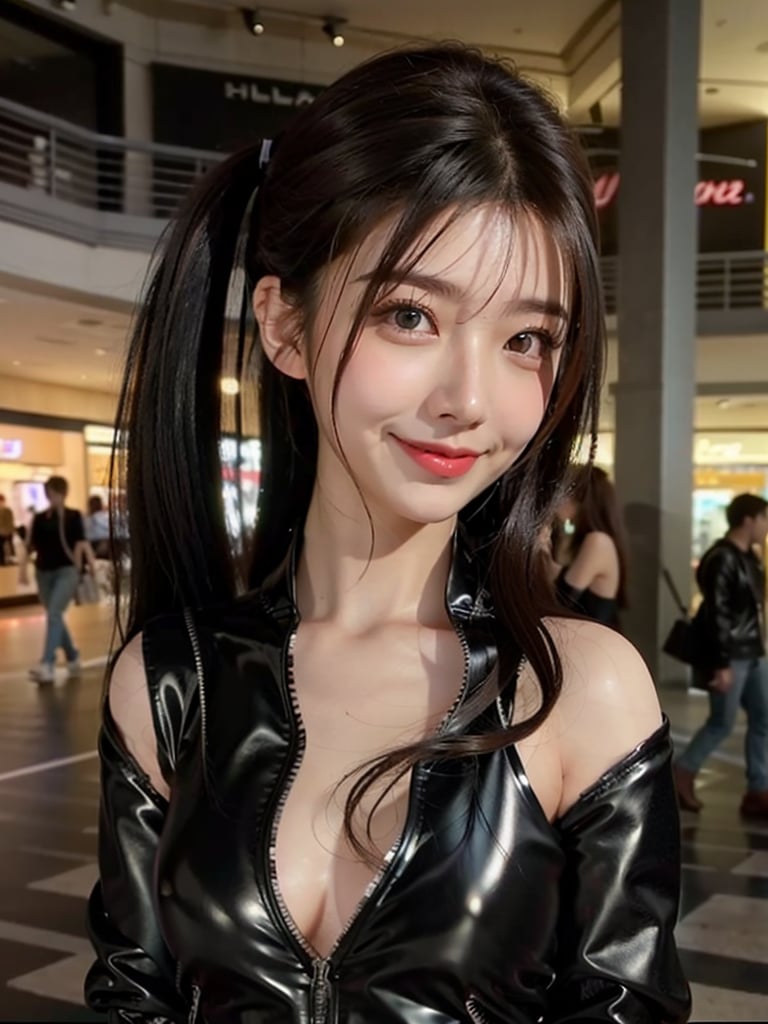 close-up portrait of Noriko Takeda, (black latex jacket:1.4),  ponytail, cowboy shot, best quality, ultra high res, (photorealistic:1.3), 1girl, small breasts, (in a mall:1.3)
