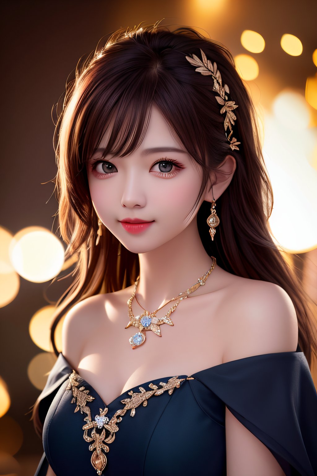 best quality, masterpiece, highres, 1girl,blush,(seductive smile:0.8),star-shaped pupils,,necklace, jewelry,Beautiful face,upon_body, tyndall effect,photorealistic, dark studio, rim lighting, two tone lighting,(high detailed skin:1.2), 8k uhd, dslr, soft lighting, high quality, volumetric lighting, candid, Photograph, high resolution, 4k, 8k, Bokeh,bare shoulders