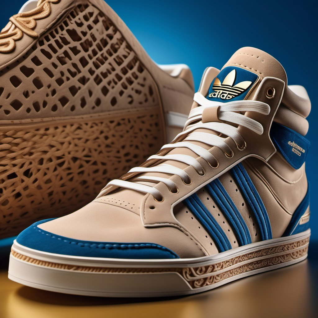 a stunning interpretation of Adidas bloomfield shoe sneaker, creame suede and carved, advertisement, highly detailed and intricate, hypermaximalist, ornate, luxury, cinematic, cgsociety, Miki Asai Macro photography, close-up, hyper detailed, trending on artstation, sharp focus, studio photo, intricate details, highly detailed, Blue background