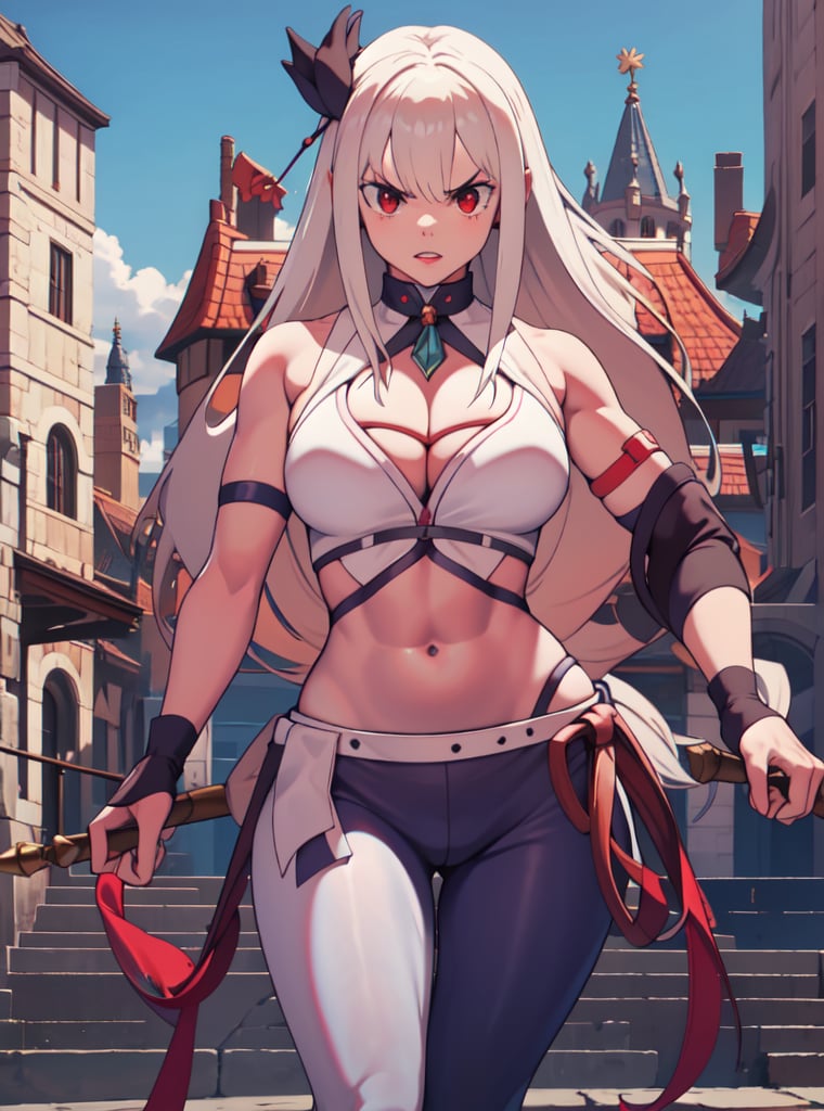 masterpiece, best quality, absurdres, perfect antomy, long_hair, cowboy shot, standing, large_breasts, outdoors, castle, medieval city, armor, bandage, 1girl, solo, Shihouin Yoruichi, white_hair, bangs, looking at viewer, red eyes, evil face, evil_grin, no_emotions, angry , toned, pants,sfr1v, spear, potions, athletics, medieval_clothes, medieval hood, navel, 