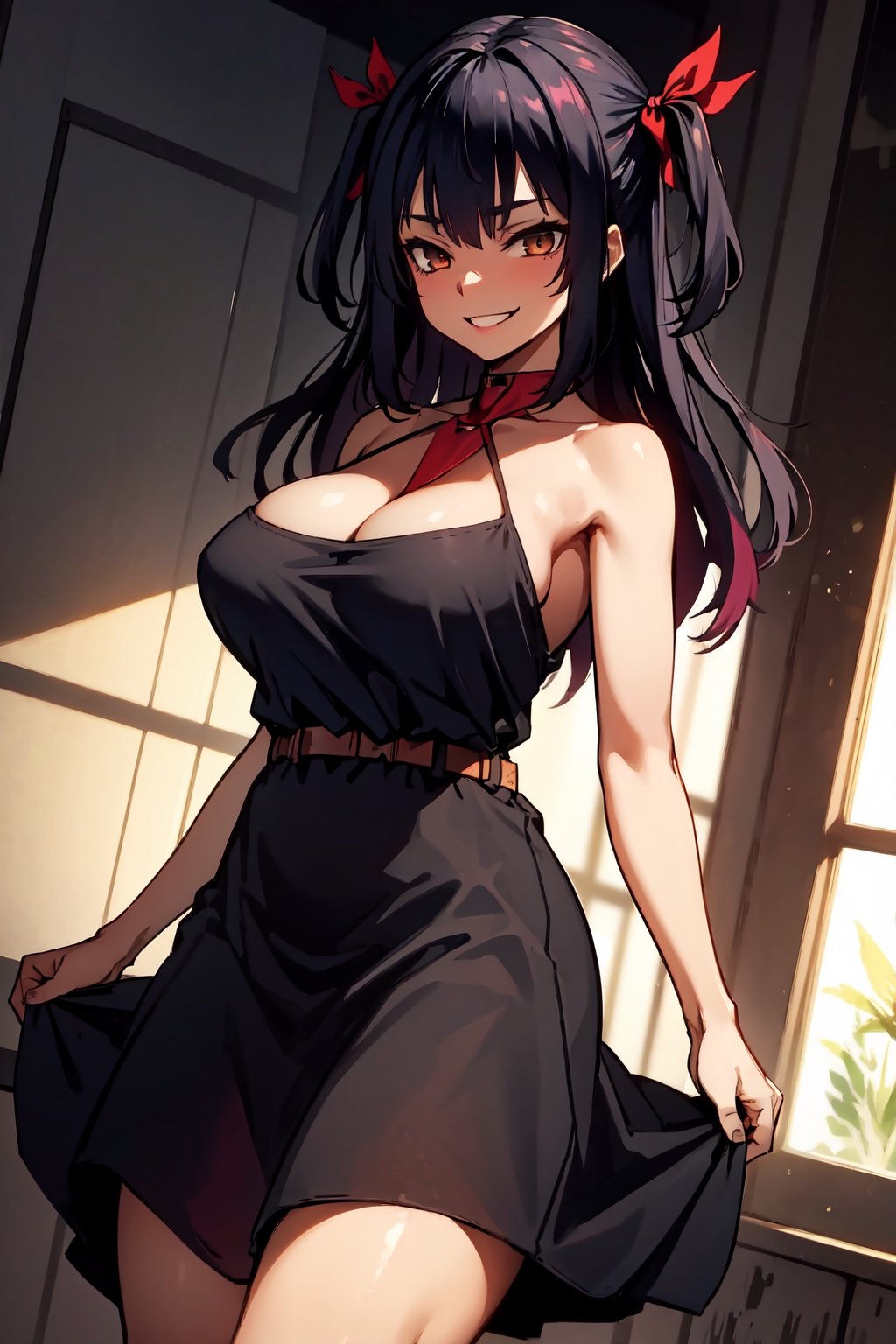 masterpiece, best quality, absurdres, perfect anatomy, large breasts, 1girl, solo, MasterNemesis, dark skin, long hair, two side up, hair ribbon, elegant, long dress, black dress, halterneck, smile, indoors, 