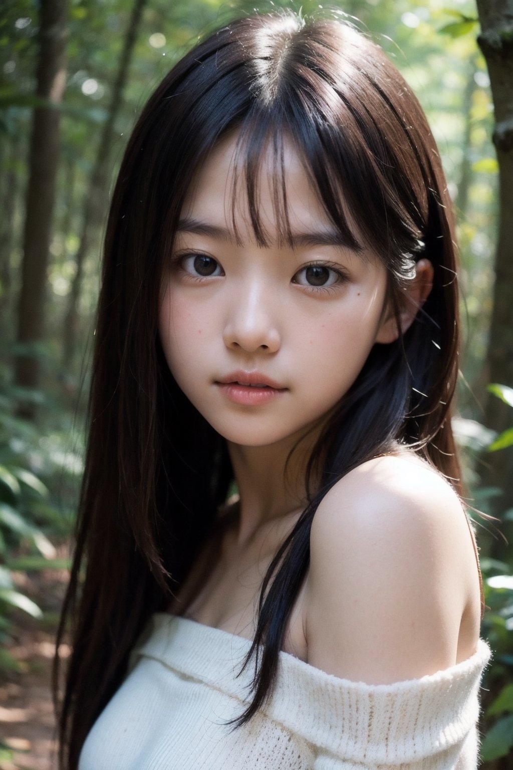 (((Deep in the woods))),(focus on face),(head close-up),(((Only the head enters the camera))),
masterpiece, 8k, ((from front)), portrait, upper body, cute, detailed face, beautiful detailed eyes, girl, loli, happy, mad, red lips, bangs, very long hair, strong eyebrows, bare shoulders, (blush), (embarrassed),
服：off shoulder vest,