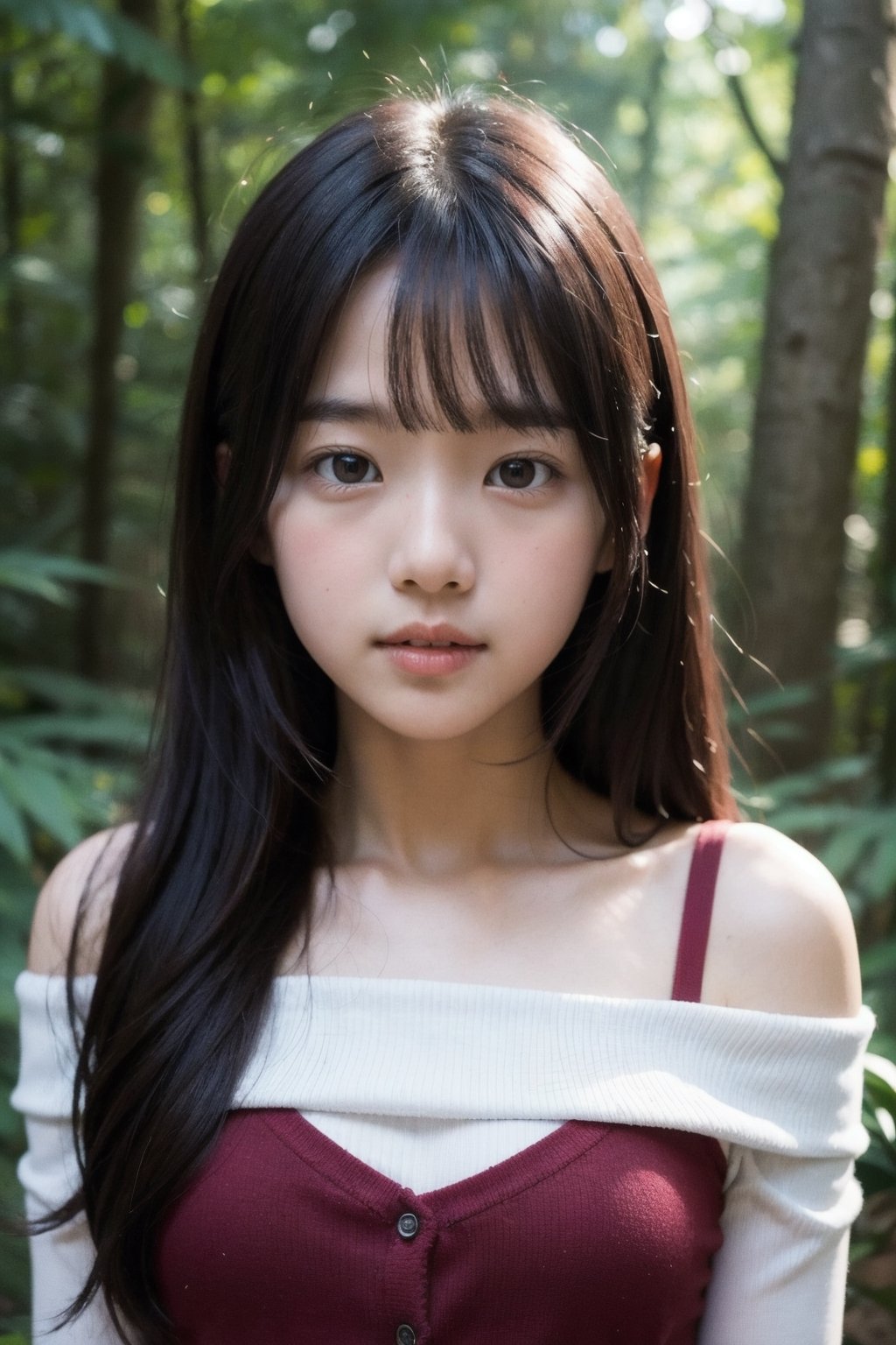 (((Deep in the woods))),(focus on face),(head close-up),
masterpiece, 8k, ((from front)), portrait, upper body, cute, detailed face, beautiful detailed eyes, girl, loli, happy, mad, red lips, bangs, very long hair, strong eyebrows, bare shoulders, (blush), (embarrassed),
服：off shoulder vest,