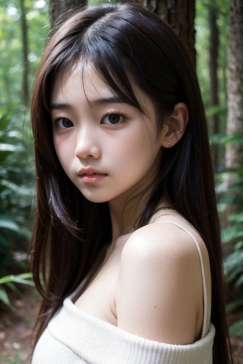 (((Deep in the woods))),(focus on face),(head close-up),(((Only the head enters the camera))),
masterpiece, 8k, ((from front)), portrait, upper body, cute, detailed face, beautiful detailed eyes, girl, loli, happy, mad, red lips, bangs, very long hair, strong eyebrows, bare shoulders, (blush), (embarrassed),
服：off shoulder vest,