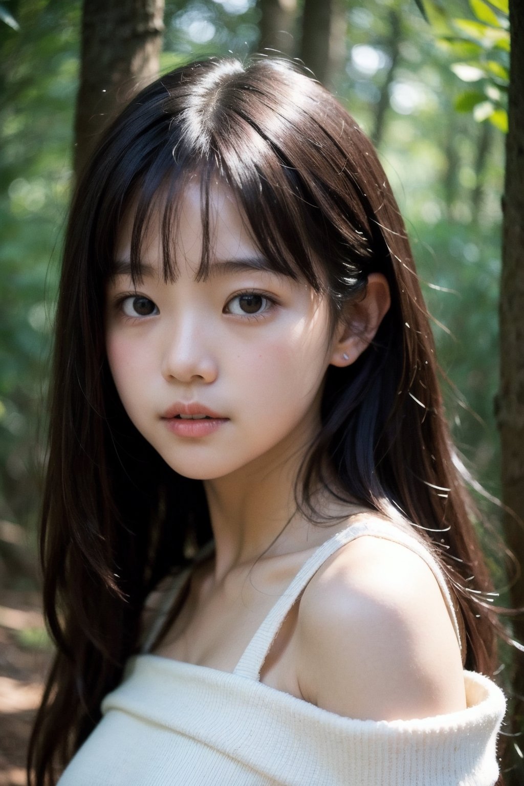 (((Deep in the woods))),(focus on face),(head close-up),(((Only the head enters the camera))),
masterpiece, 8k, ((from front)), portrait, upper body, cute, detailed face, beautiful detailed eyes, girl, loli, happy, mad, red lips, bangs, very long hair, strong eyebrows, bare shoulders, (blush), (embarrassed),
服：off shoulder vest,