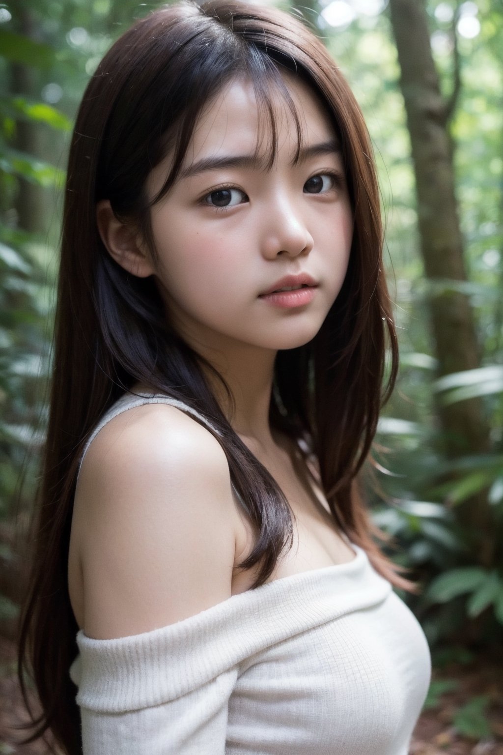 (((Deep in the woods))),(focus on face),(head close-up),
masterpiece, 8k, ((from front)), portrait, upper body, cute, detailed face, beautiful detailed eyes, girl, loli, happy, mad, red lips, bangs, very long hair, strong eyebrows, bare shoulders, (blush), (embarrassed),
服：off shoulder vest,