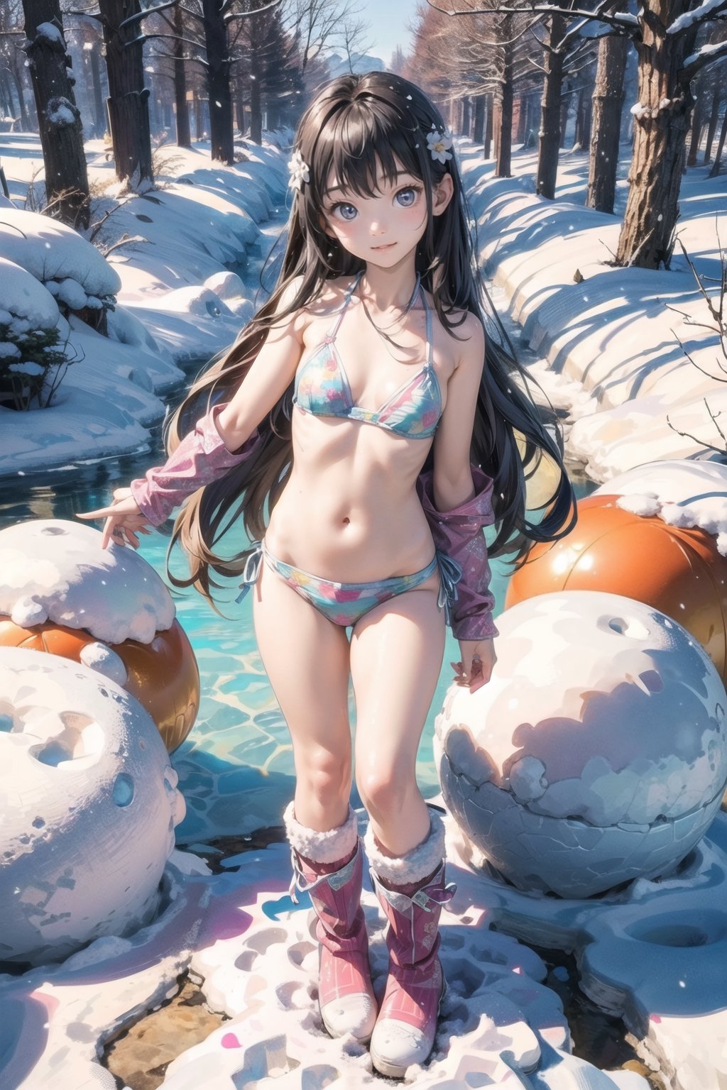 主：(Ono Creek deep in the woods),
((Full body image)),(standing),
人：1litte 1kid 7yo gril (Child:1.2),
髮：(((long hair))),
服：(((Patterned Wacoal bikini swimsuit))), (((Patterned Wacoal bikini bottoms))),(((deep V low neckline))),(((snow boots))),Ancient costume