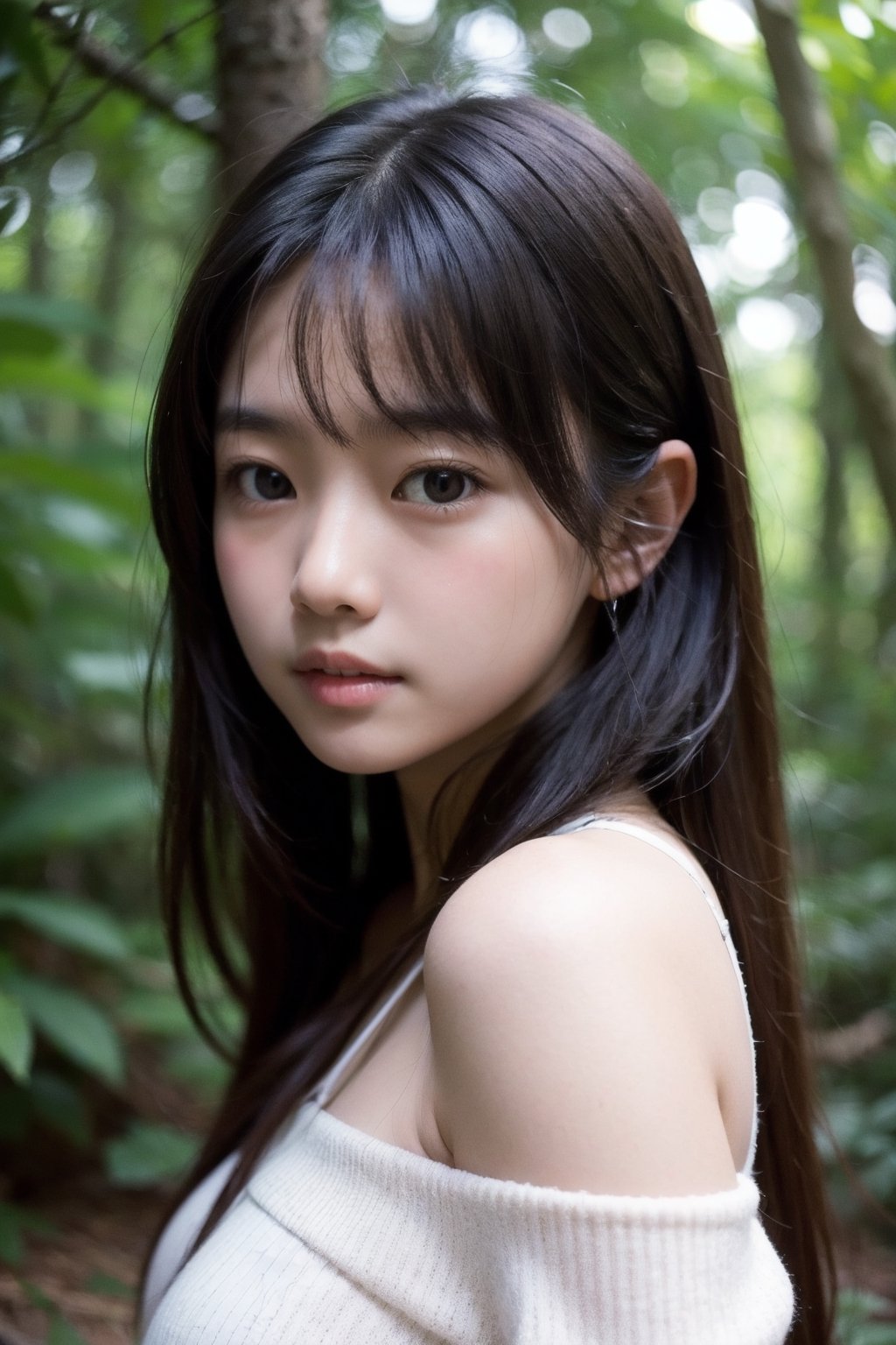 (((Deep in the woods))),(focus on face),(head close-up),(((Only the head enters the camera))),
masterpiece, 8k, ((from front)), portrait, upper body, cute, detailed face, beautiful detailed eyes, girl, loli, happy, mad, red lips, bangs, very long hair, strong eyebrows, bare shoulders, (blush), (embarrassed),
服：off shoulder vest,