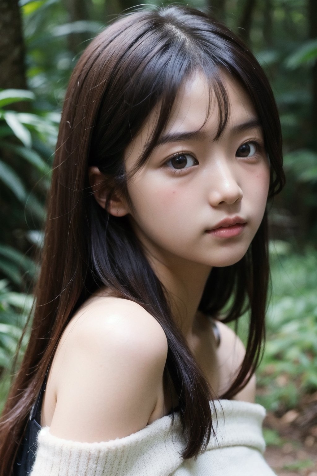 (((Deep in the woods))),(focus on face),(head close-up),(((Only the head enters the camera))),
masterpiece, 8k, ((from front)), portrait, upper body, cute, detailed face, beautiful detailed eyes, girl, loli, happy, mad, red lips, bangs, very long hair, strong eyebrows, bare shoulders, (blush), (embarrassed),
服：off shoulder vest,