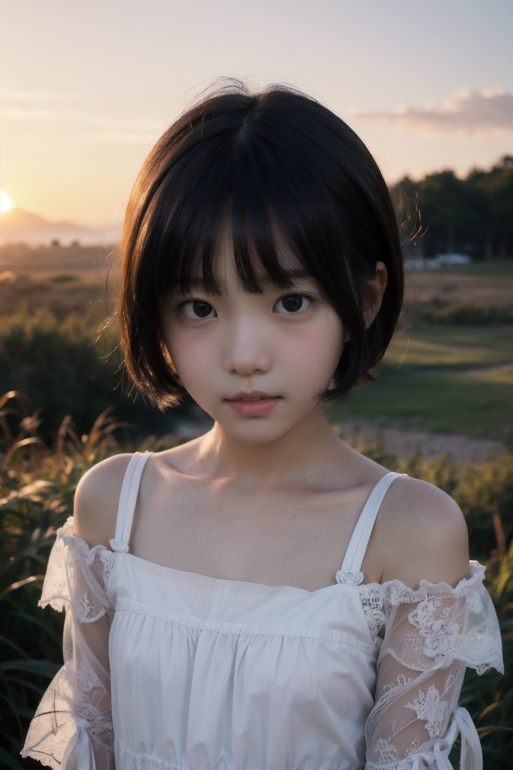 主：(Misty woods under sunset),(((face photo))),
人：1litte 1kid 7yo gril (Child:1.2), Korean beauty,
優：With a very high artistic composition style,Film photo texture,
髮：(((bangs))),(((very short bob hair))),
服：Off-the-shoulder,Open collar sheer tulle,