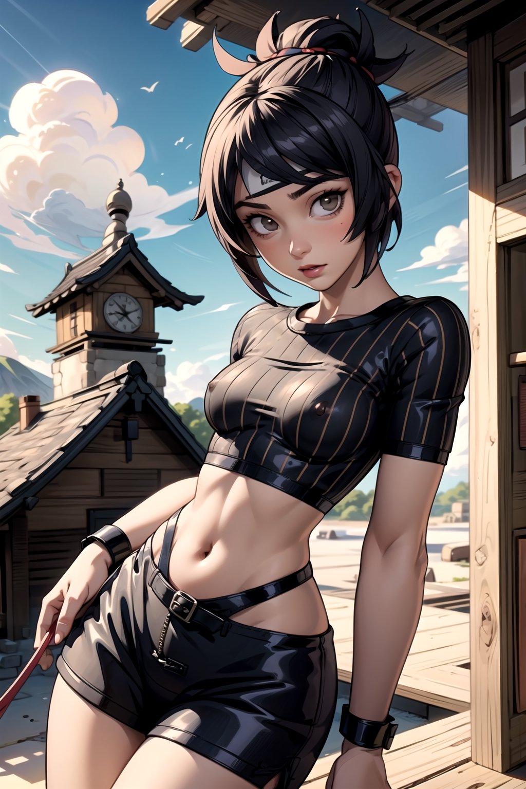 high detailed, high quality, centered, (masterpiece), realistic, 4k,1girl, , anime style, medium distance, black crop top, striped panties, naughty_face, nsfw, ninja headband, konoha village scenary,hourglass body shape, ,mitarashi anko, leash, small waist, big hips