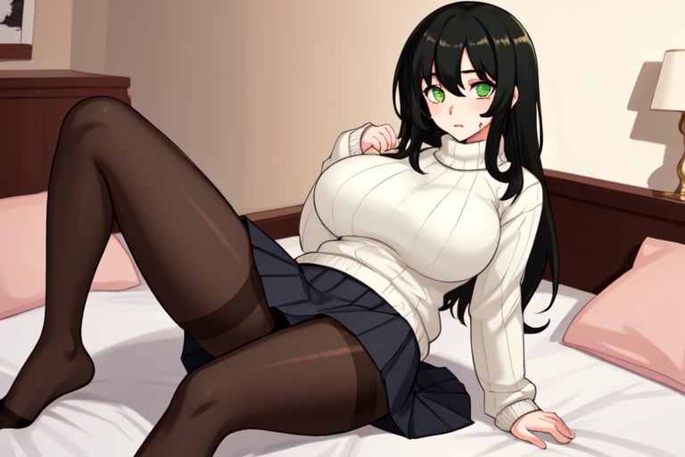 1girl,big_breasts,black_hair,green-eyes,white_ sweaterlong_hair,pantyhose,skirt,masterpiece,bedroom,high definition