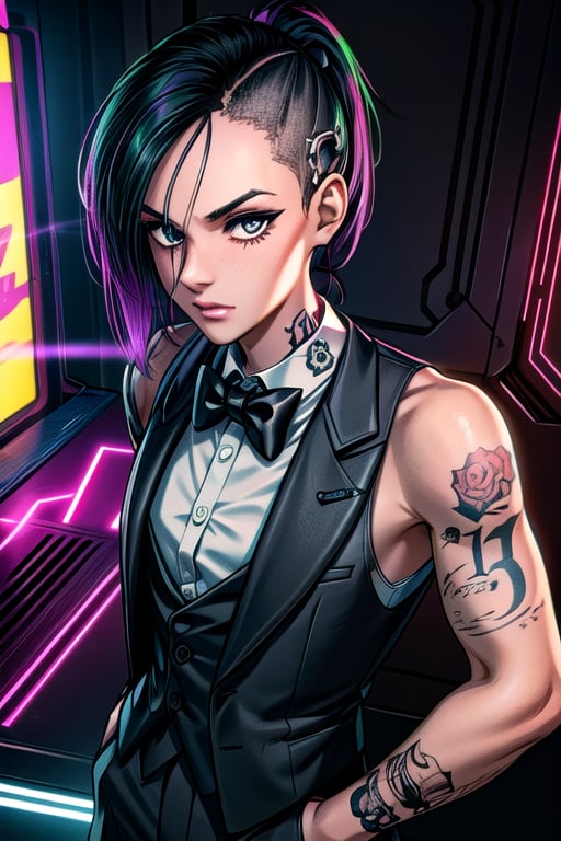 tattoos, ponytail, black suit, white shirt, bow tie, neon light, fancy