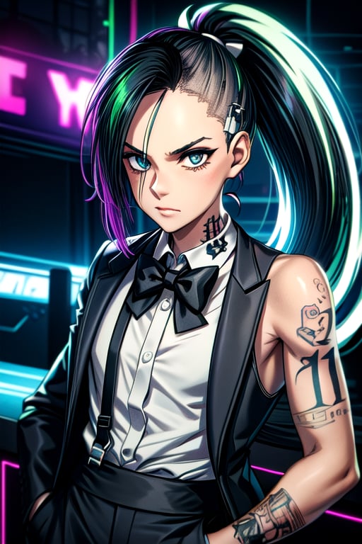 tattoos, ponytail, black suit, white shirt, bow tie, neon light, fancy