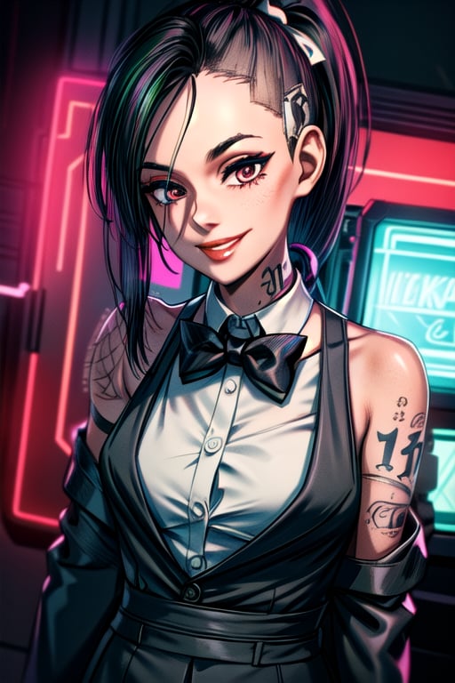 tattoos, ponytail, black suit, white shirt, bow tie, neon light, fancy, smile, red lips