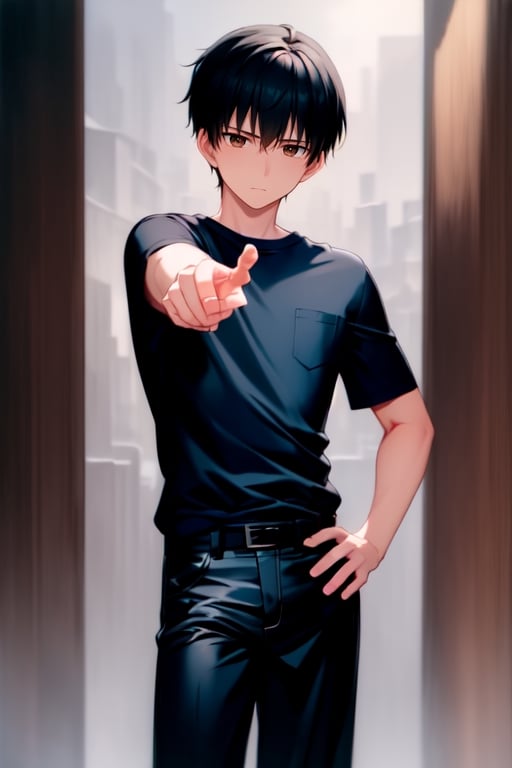 <[((Perfect lighting, Shiny light, Perfect bright effects, oil painting, strokes, softness, expressive eyes, cinematic light, grain))]>

tired cute boy, the man has short black hair and brown eyes, black short sleeved crewneck shirt--