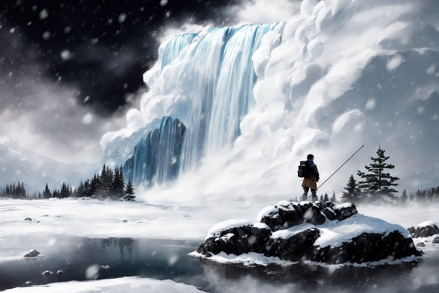 "Craft an ultra-high definition scene where a rugged swordsman sets up camp amidst a relentless blizzard near a majestic waterfall. Employ advanced exposure settings to capture the interplay of light and snow, ensuring that each snowflake is meticulously detailed, adding depth to the stormy atmosphere.

Utilize a slow shutter speed to evoke the sensation of movement in the falling snowflakes, creating a dynamic visual effect. Experiment with the aperture to achieve a deep depth of field, allowing the viewer to appreciate both the intricate details of the swordsman's gear and the distant grandeur of the waterfall.

Position the swordsman thoughtfully within the frame using the rule of thirds, anchoring him amidst the swirling snow and the cascading water, evoking a sense of resilience in the face of nature's fury. Use a tripod to maintain utmost stability and sharpness in the image, ensuring that even the tiniest snowflake remains crisply defined.

The swordsman's presence should exude strength and determination, his attire a striking contrast against the blizzard's stark white backdrop. Enhance his silhouette with rim lighting, providing a halo effect that emphasizes his rugged silhouette against the falling snow. Employ post-processing techniques to subtly enhance the color palette, emphasizing the cool blue tones of the blizzard and the natural richness of the swordsman's surroundings.

Ultimately, capture a moment that tells a story of survival, skill, and solitude amidst the untamed beauty of nature's harshest elements."