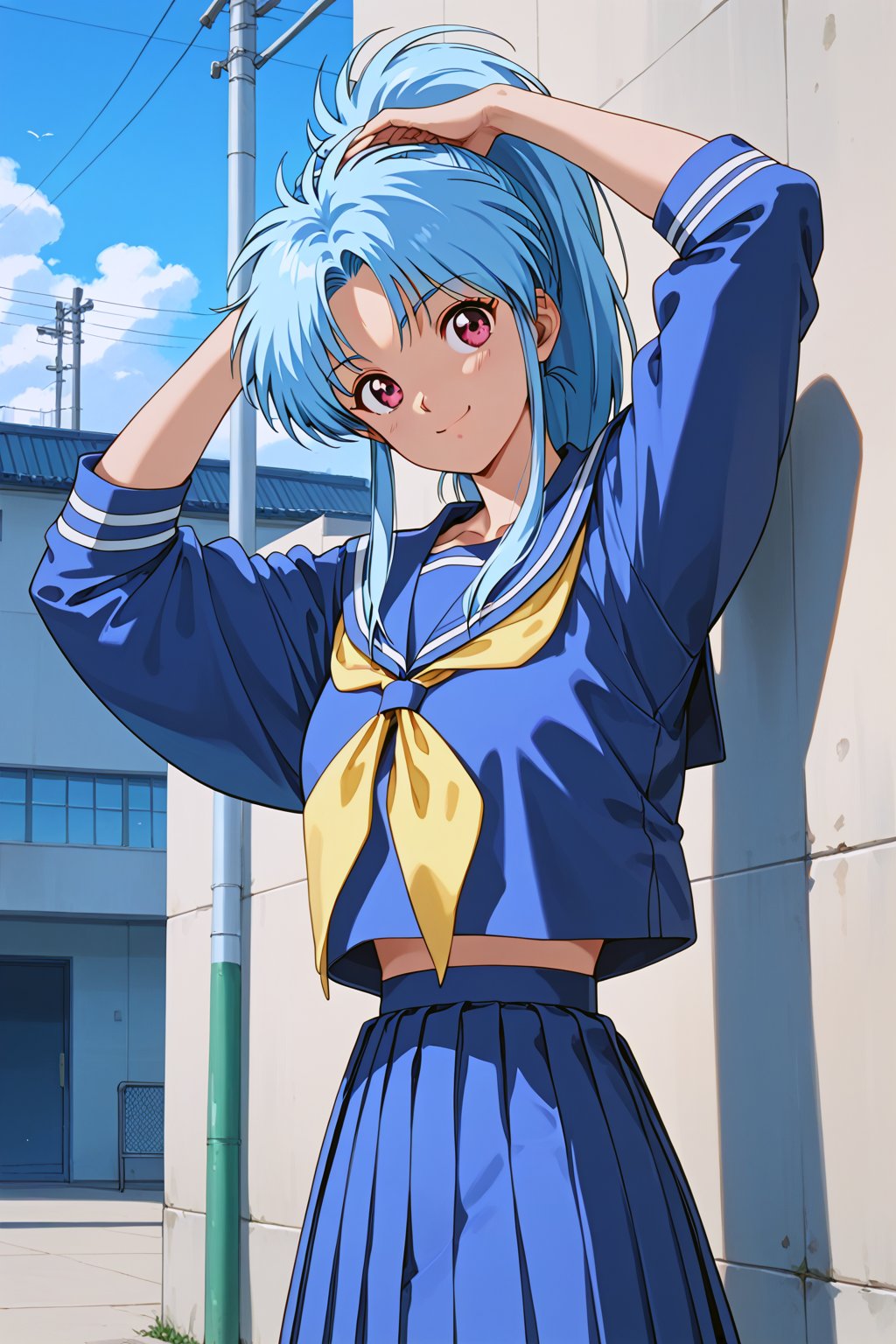 score_9, score_8_up, score_7_up, score_6_up, score_anime, masterpiece, best quality, ultra-detailed, highres, absurdres, 
1girl, solo,botan  \(yu yu hakusho\), ponytail, blue hair, parted bangs, pink eyes, 
serafuku, sailor collar, yellow neckerchief, blue shirt, blue skirt, 
school, schoolyard, outdoors, 
standing, contrapposto, arms above front, head tilt, light smile, light blush, looking at viewer, 