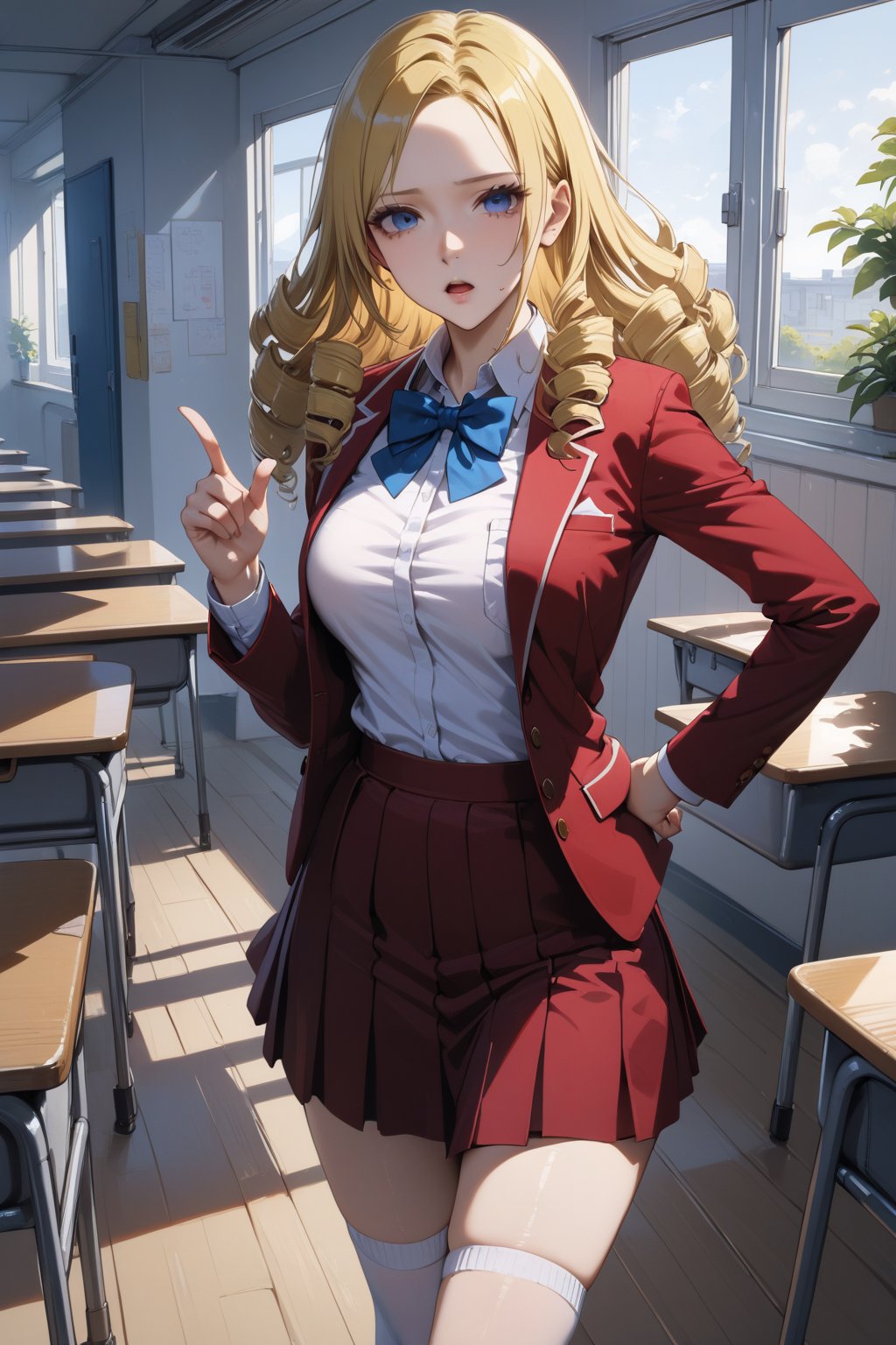 score_9, score_8_up, score_7_up, score_6_up, masterpiece, best quality, ultra-detailed, highres, absurdres, 
1girl, solo, solution epsilon \(overlord\), drill hair, blonde hair, blue eyes, large breats
school uniform, blazer, red blazer, shirt, white shirt, collared shirt, skirt, red skirt, bow, bowtie, blue bowtie, white socks, shoes, loafer shoes, 
school classroom, indoors, 
standing, open mouth, looking down at viewer, one hand pointing at viewer, one hand on own hip, female focus, 