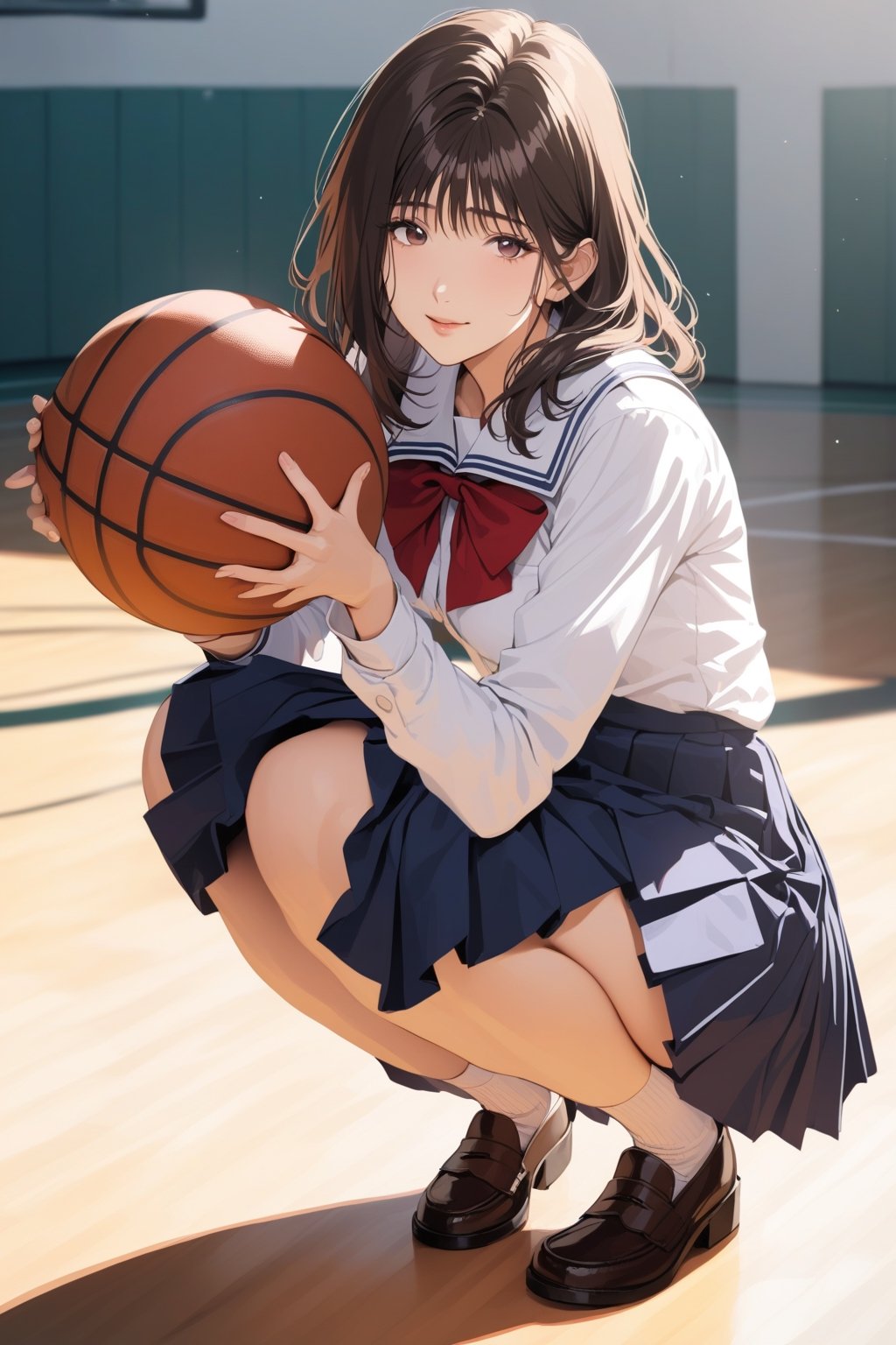 score_9, score_8_up, score_7_up, score_6_up, rating_explicit, masterpiece, best quality, beautiful lighting, haruk0akagi, navy school uniform, skirt, brown hair, pleated skirt, long sleeves, red bow, basketball court, indoor, squatting on court, holding basketball, light smile, lookin at viewer, 