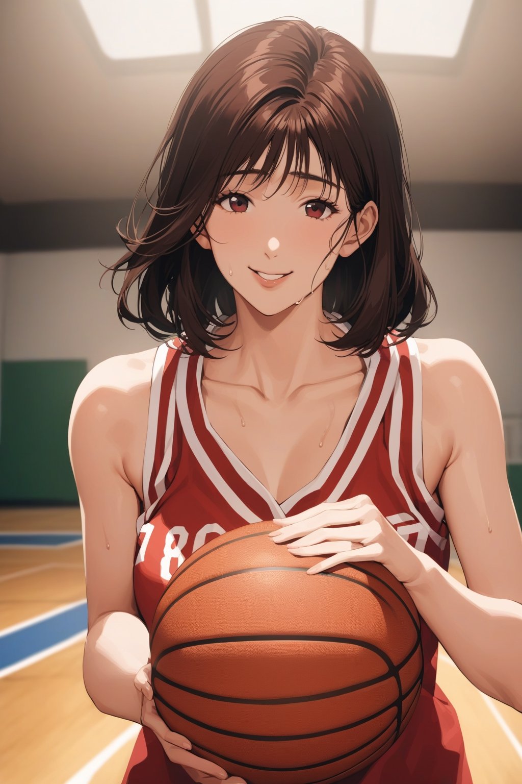 score_9, score_8_up, score_7_up, score_6_up, rating_explicit, masterpiece, best quality, beautiful lighting, haruk0akagi, red basketball uniform, sleeveless, collarbone, basketball court, indoor, holding ball, smile, sweating, lookin at viewer, 