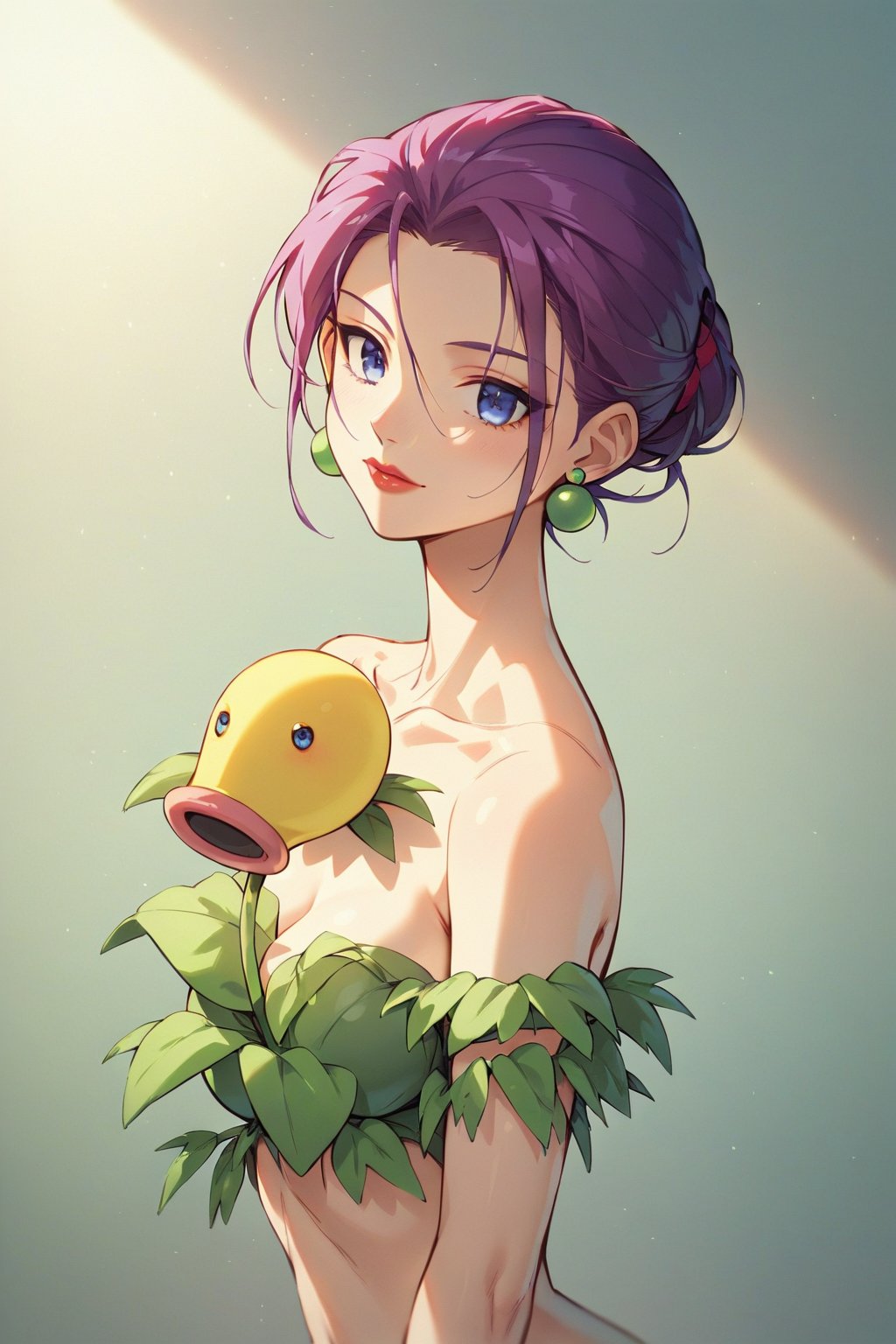 score_9, score_8_up, score_7_up, score_6_up, masterpiece, best quality, highres, absurdres, beautiful lighting, natural light, soft lighting,
1girl, solo, ,Jessie, purple hair, blue eyes, kigurumi(bellsprout), 