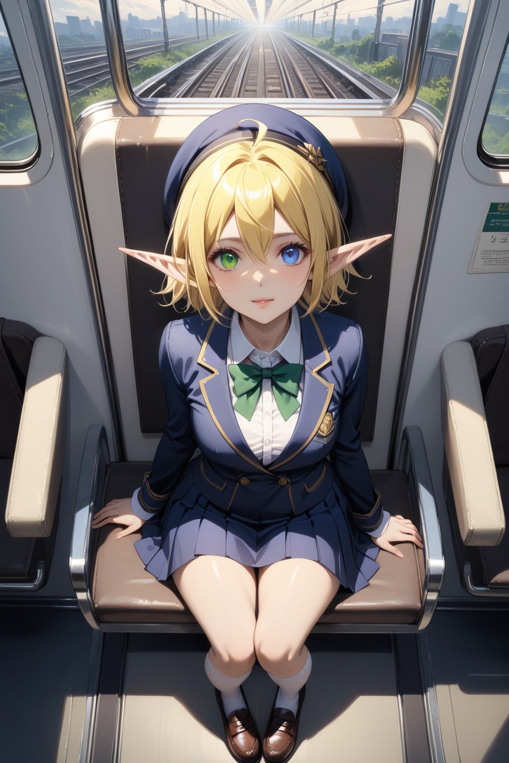 score_9, score_8_up, score_7_up, score_6_up, masterpiece, best quality, ultra-detailed, highres, absurdres, 
1girl, solo, Aura Bella Fiora \(overlord\), short hair, blonde hair, ahoge, between eyes, blue eyes, green eyes, heterochromia, pointy ears, dark skin, elf, 
school uniform, shirt, white shirt, jacket, navy jacket, collared shirt, skirt, navy skirt, hat, beret, bow bowtie, white socks, shoes, loafer shoes, 
inside train, 
sitting on seat, light smile, looking up at viewer, from above