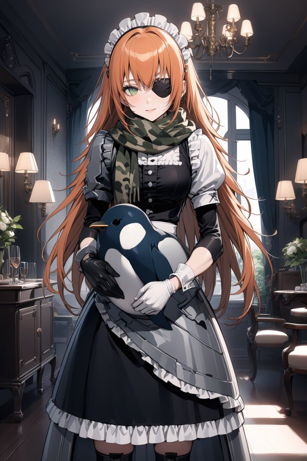 score_9, score_8_up, score_7_up, score_6_up, rating_explicit, masterpiece, best quality, beautiful lighting, 
1girl, solo, cz2128_delta \(overlord\), long hair, orange hair, green eyes, eyepatch,
maid, dress, maid headdress, camouflage, green scarf, gloves, boots, 
luxury mansion, dining room, indoor, 
(holding large Stuffed Penguin:1.3), light smile, looking at viewer, 
