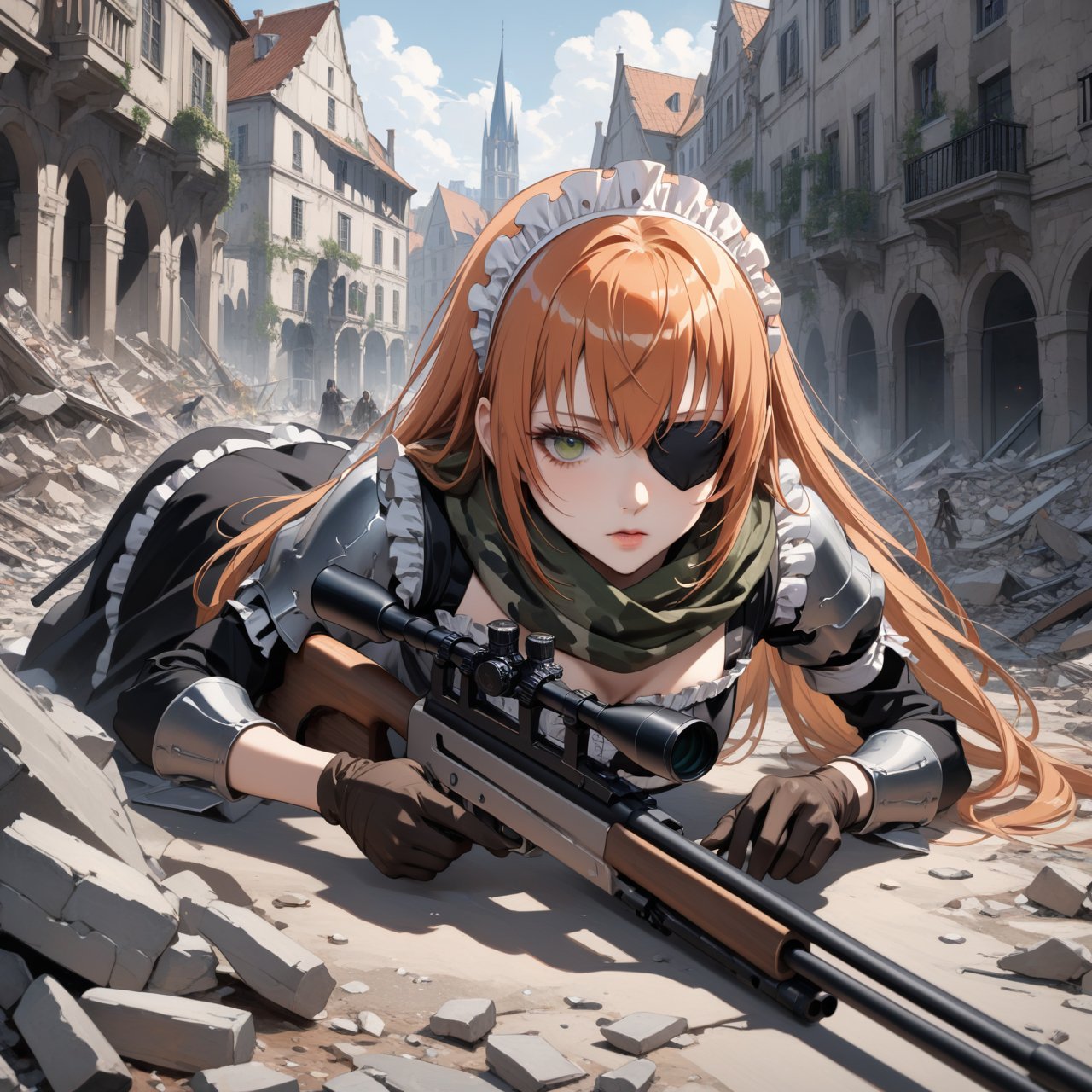 score_9, score_8_up, score_7_up, score_6_up, source_anime, masterpiece, best quality, ultra-detailed, highres, absurdres, Expressiveh, 
1girl, solo, cz2128_delta \(overlord\), 1girl, long hair, green eyes, orange hair, eyepatch, 
maid, maid headdress, camouflage, green scarf, gloves, dress, boots, armor, gun, 
collapsed medieval European city centres, rubble, outdoors, 
sniper girl, lying, on stomach, rifle, holding rifle, sniperrifle, AIM, 