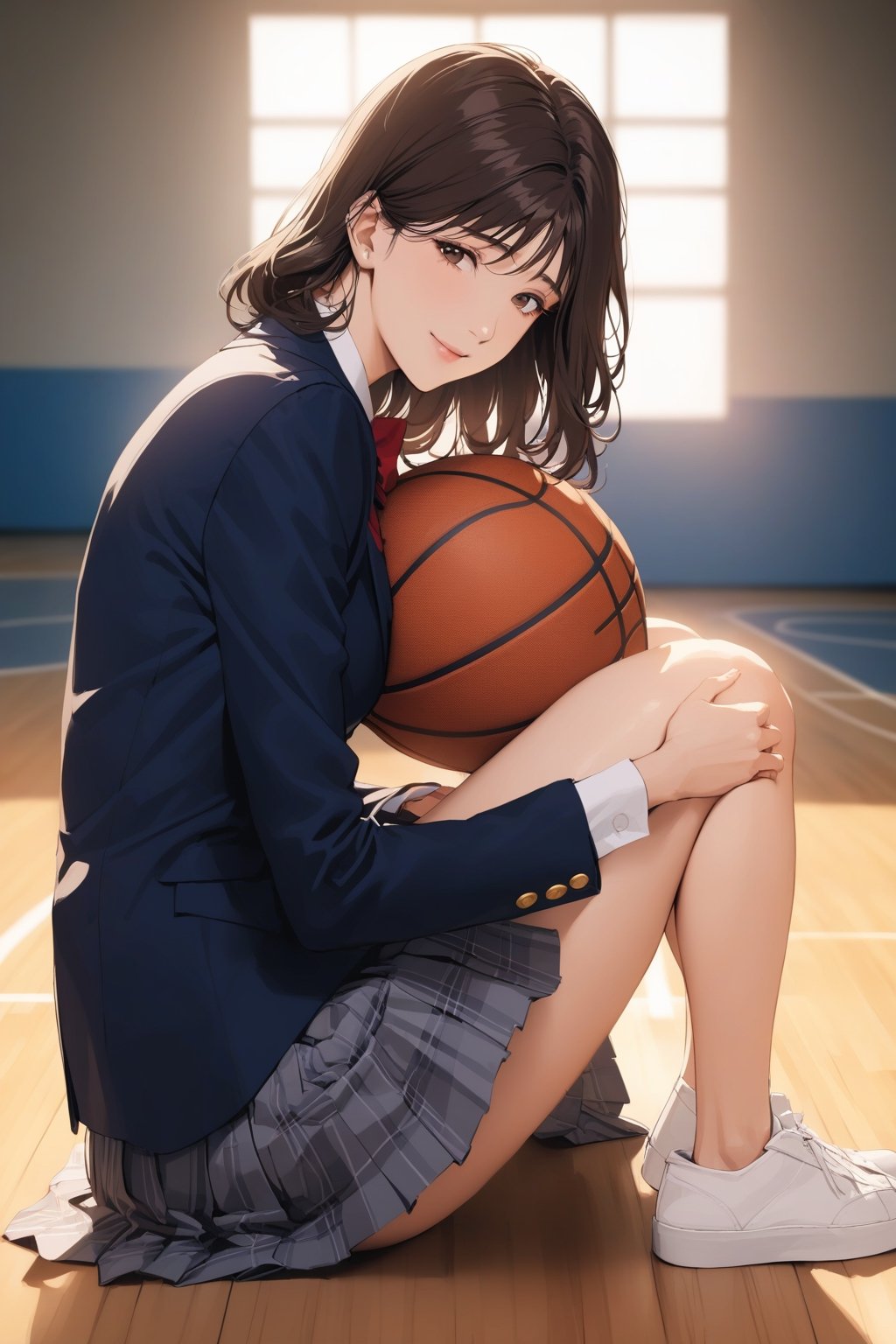 score_9, score_8_up, score_7_up, score_6_up, rating_explicit, masterpiece, best quality, beautiful lighting, haruk0akagi, navy school uniform, skirt, brown hair, pleated skirt, long sleeves, red bow, basketball court, indoor, knees to chest, sitting on court, holding basketball, light smile, from side, lookin at viewer, sunset