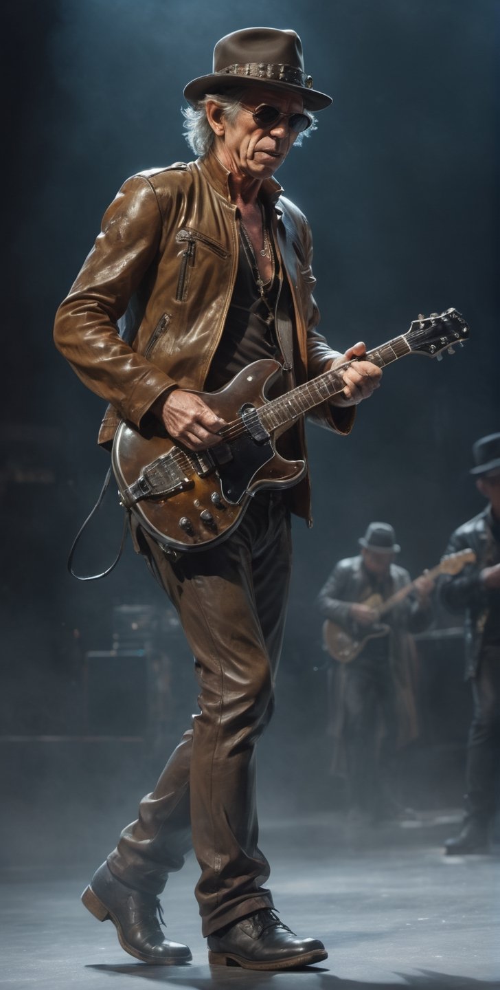 Glass made ultra Detailed translucent, Keith Richards wearing brown jacket, black hat,
dancing  Keith Richards, in LIVE STAGE,

,cyberpunk style,cyberpunk