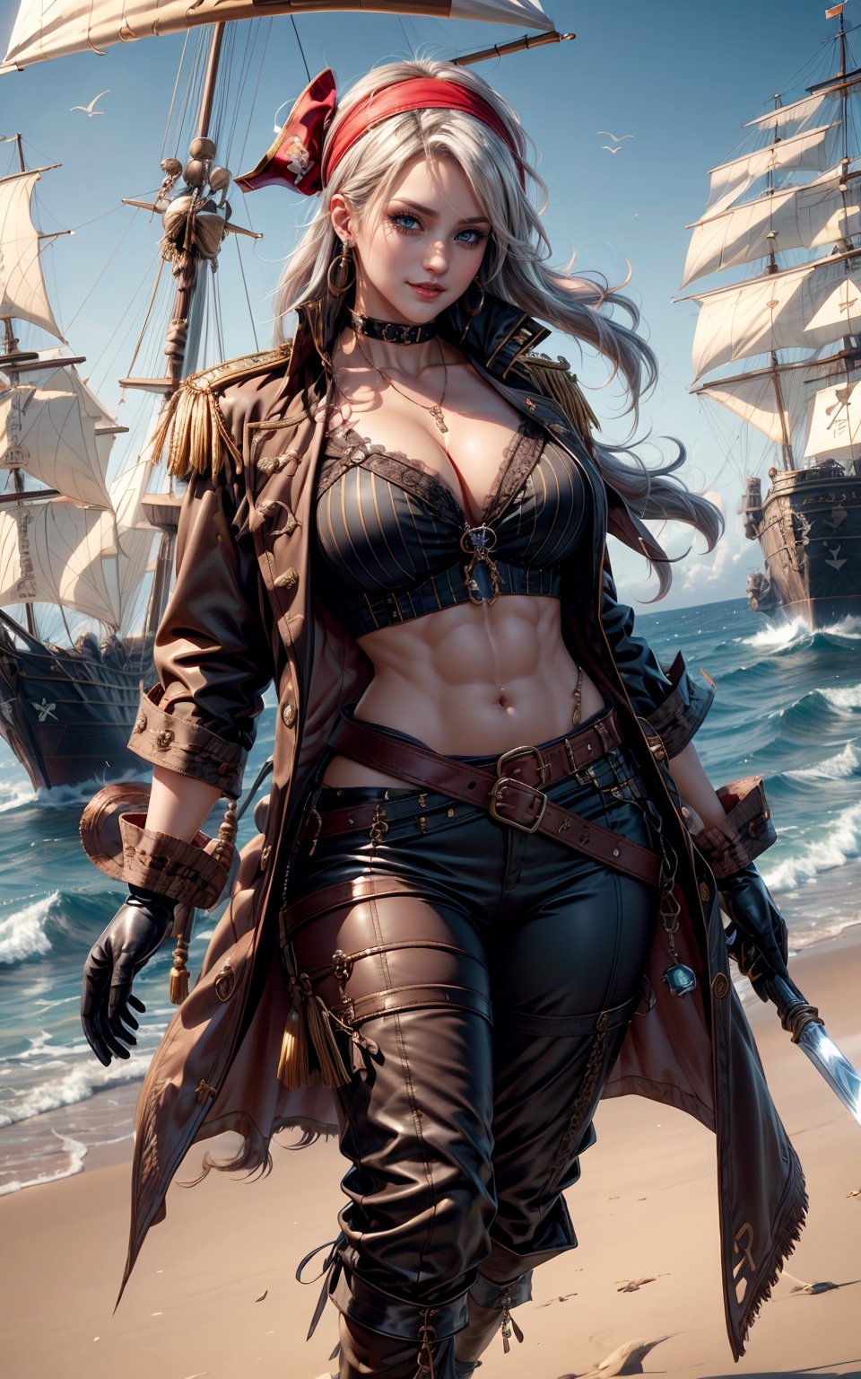 ((1 girl, adorable, happy)), ((gloves, headband, coat, open clothes, collared, epaulettes, cleavage, jewelry, earrings, midriff, belt, pants)), (white hair, short hair, blue eyes, makeup), (large breasts, large ass, thick thighs, wide hips, abs, voloptuous), holding weapon, sword, ship, barrel, ocean, sexypirate,