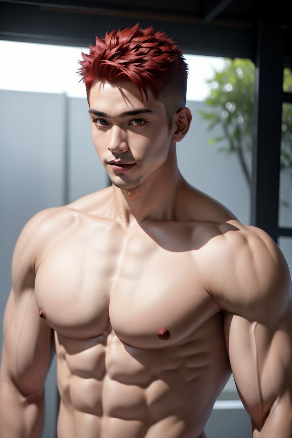 (masterpiece), best quality, expressive eyes, perfect face masterpiece, best quality, Sakuragi, 1boy, male focus, looking at the viewer, muscular, muscular male, big muscles, bara, shirtless, standing, cool ,  male body, male chest, nipples, hot boy, handsome, gym, work_out, warm atmosphere, (dominance smile,) (red hair,) (skinhead,)  wearing sando hanamichi sakuragi, (slamdunk)