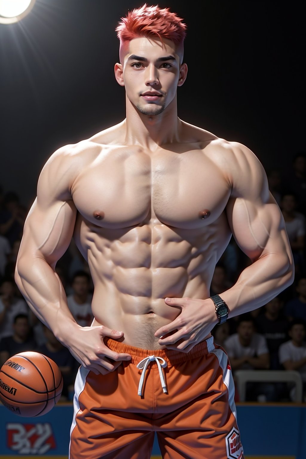 (masterpiece), best quality, expressive eyes, perfect face masterpiece, best quality, Sakuragi, 1boy, male focus, looking at the viewer, muscular, muscular male, big muscles, bara, shirtless, standing, cool ,  male body, male chest, nipples, hot boy, handsome, basketball court, holding basketball, warm atmosphere, orange, dominance smile pink hair