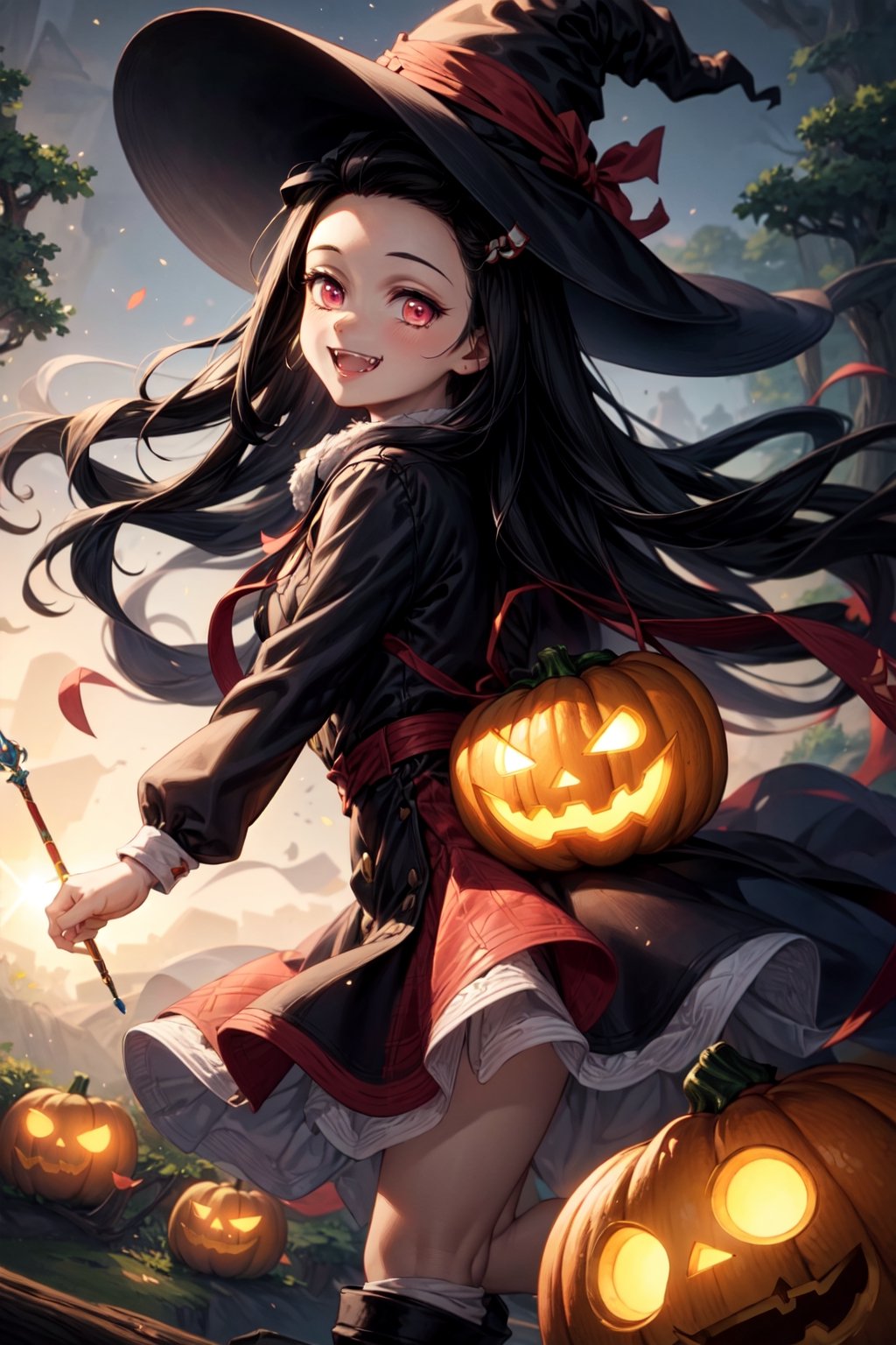 (masterpiece), best quality, expressive pink eyes, perfect face, male soldiers in witch hat  and pumpkin lantern, dynamic angle, dynamic pose, close-up, Fine dust reflected in light, light particles, lens flare,  fun, Healthy smile, Smiling with shame, better hands, dead tree, swing hanging in deadtree  ,fangs, multicolored_hair,nezuko magic wand, guweiz style, ,Circle