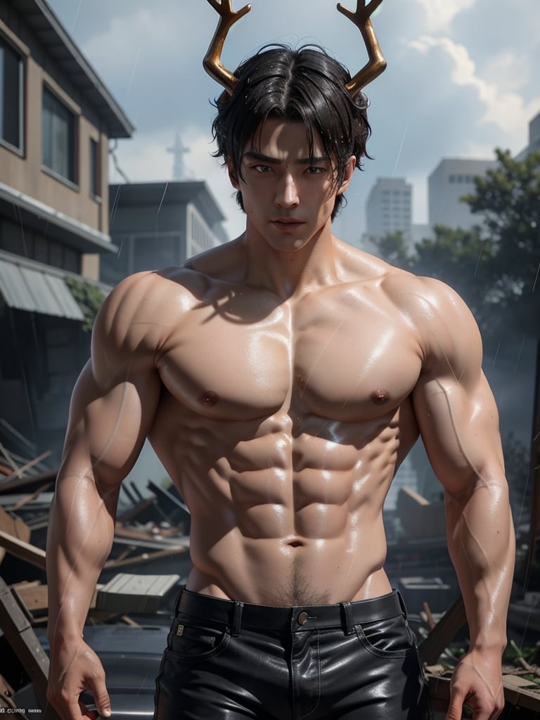 Anime guy, short hair, shiny, shiny eyes, shiny body, shiny clothing, shiny muscles, muscle, ((mature)), big pecs, toned body, defined body, toned muscles, defined muscles, muscle growth, 1guy, 1male, male, guy, man, perfect body, high quality, masterpiece, ultra-detailed, ((deer horns)), tattoos, ruins, destruction, destroyed structures, post-apocalypse, sad, destroyed buildings, ((nature reclaiming)), nature reclaiming buildings, shirtless, ((raining)), wet, wet muscles, wet clothes, wet body, wet hair