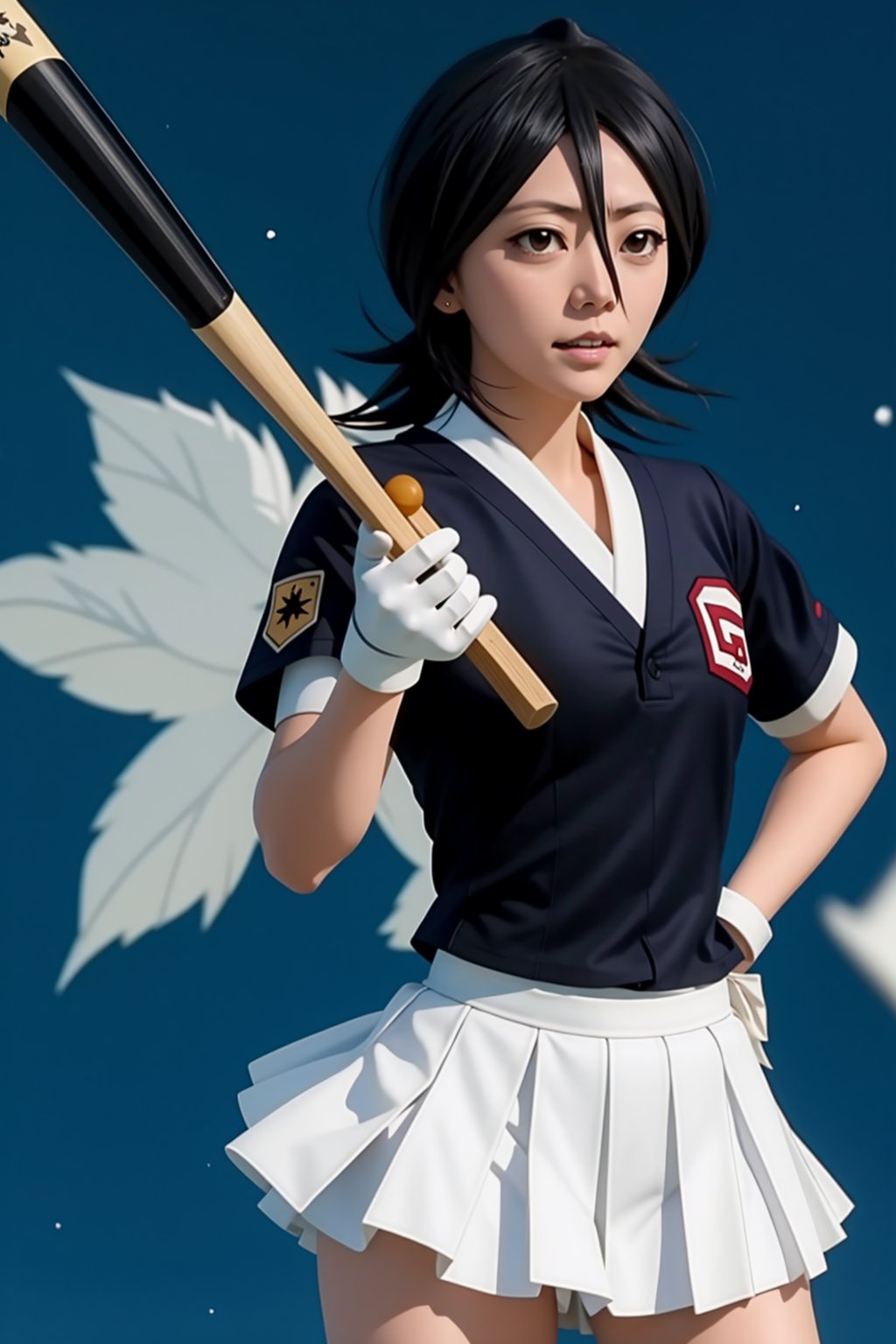 high resolution,  high quality, high detailed, high definition, (snow flakes in finger tips), (((rukia kuchiki))) dominance smiling , (((sukimizu))), schoolgirl, school, (medium_breasts), full_body, ((school_uniforms)), (school_girl), , bat_(baseball), baseball, baseball_bat, pokeballs, baseball_pose, ((((school_uniforms)))), red_skirt