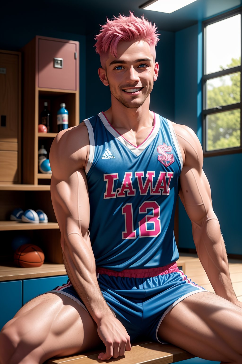 (masterpiece, best quality ), 1man, muscular, short pinkhair, blue eyes, intricate, locker room (bench) , full body,blue basketball jersey, vivid colors,(depth of field:1.2),(abs),blush, looking at viewer, sitting on floor, spread legs,  cum_leaking, dripping, dominance smile, 