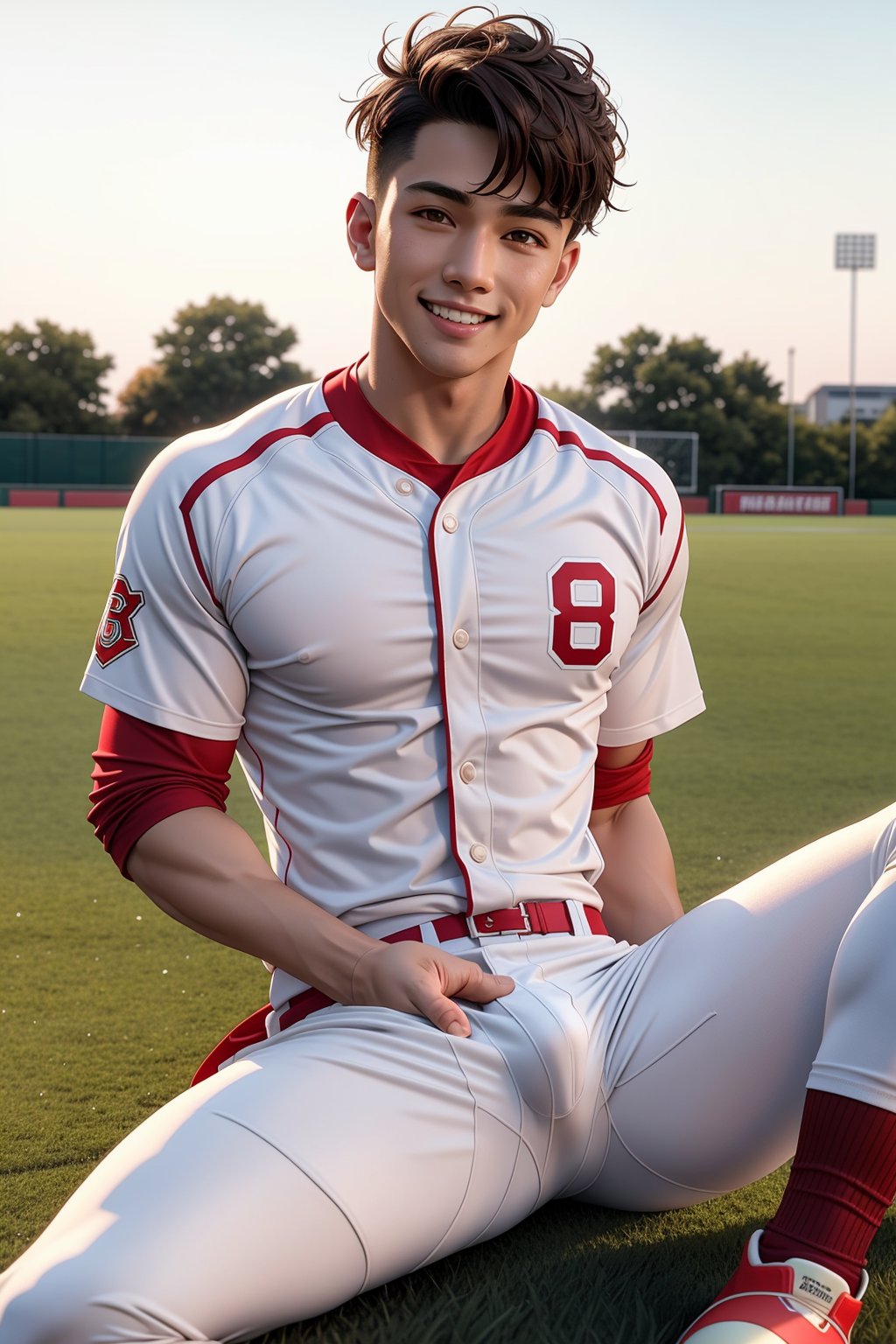 (masterpiece, best quality ), 1man, muscular, short hair, brown eyes, intricate, (open field football) , full body, white baseball uniform, open red jacket, vivid colors,(depth of field:1.2),(abs),blush, looking at viewer, on floor, spread legs, leaking, dripping, dominance smile, wanking, 