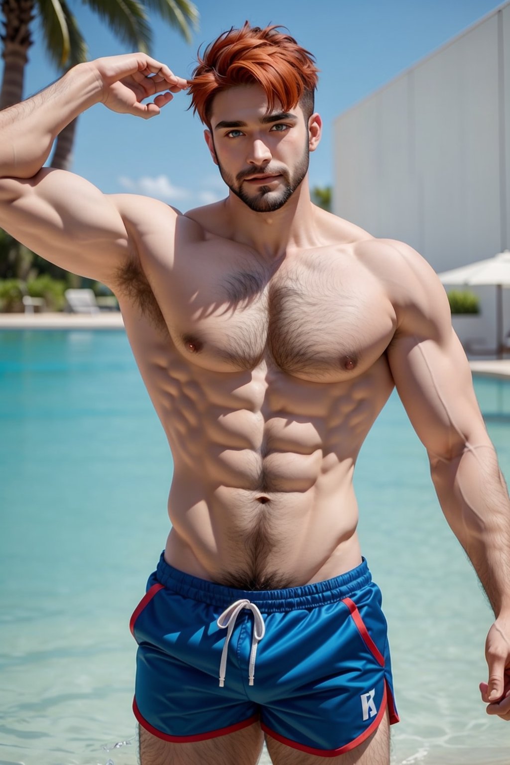 abs, male focus, muscular, muscular male, pectorals, bara, facial hair, large pectorals, chest hair, thighs, navel hair, pubic hair, thick thighs, nipples, body hair,  hairy, stomach, stubble, solo, 1boy, mature male, short hair, navel, veins, sideburns, biceps, beard, feet out of frame,  armpit hair, happy sex, long sideburns, foreskin, bare pectorals, very short hair, blue eyes, swimming shorts, b
Orange hair