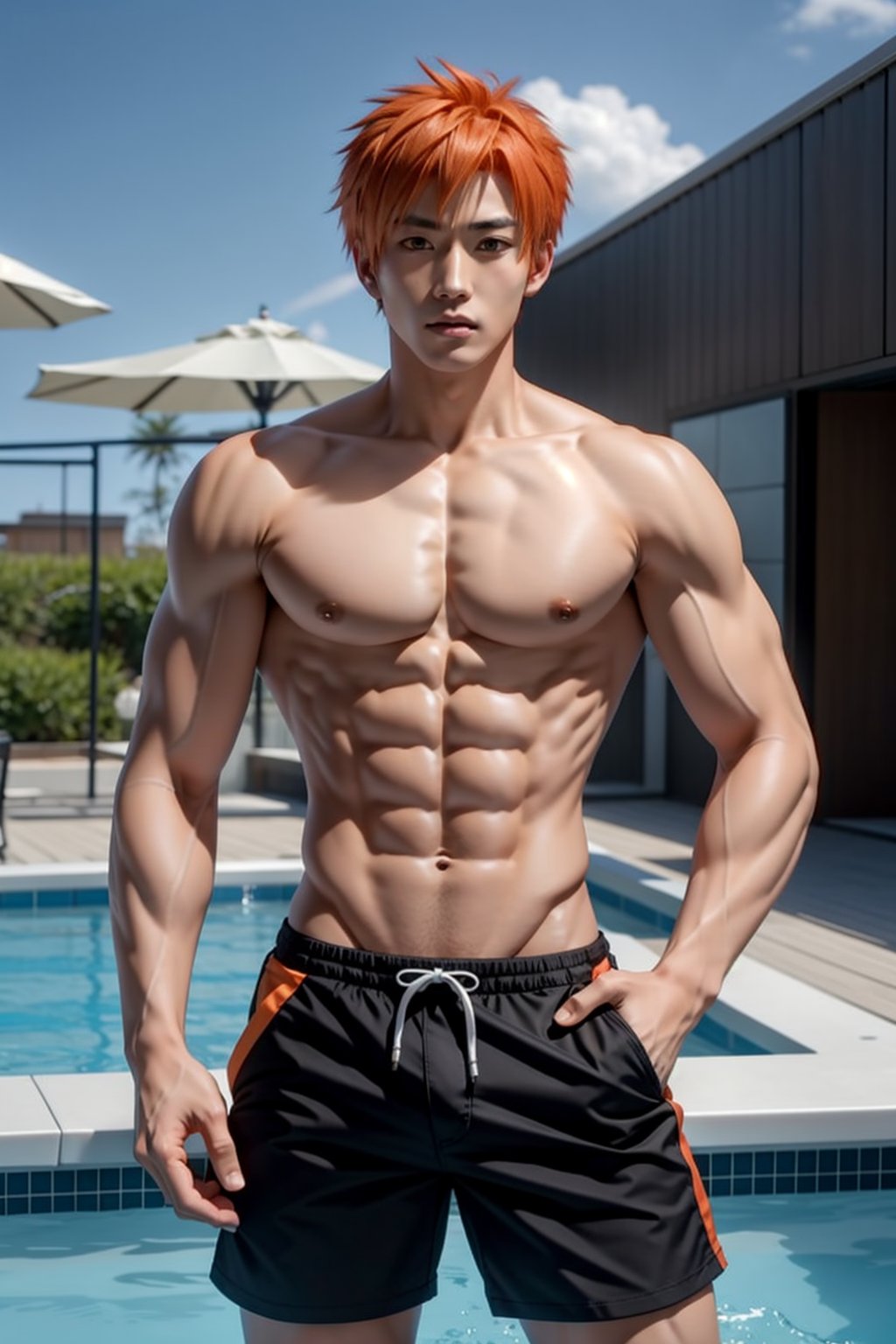 ichigo kurosaki,bleach style,kurosaki ichigo, short orange hair, brown eyes, Hot teenage boy, long torso, eight pack, ripped abs, defined pecs, bikini swimwear, skimpy briefs, big bulge, cute face, swimming pool, sunny, handsome , holding cellphone