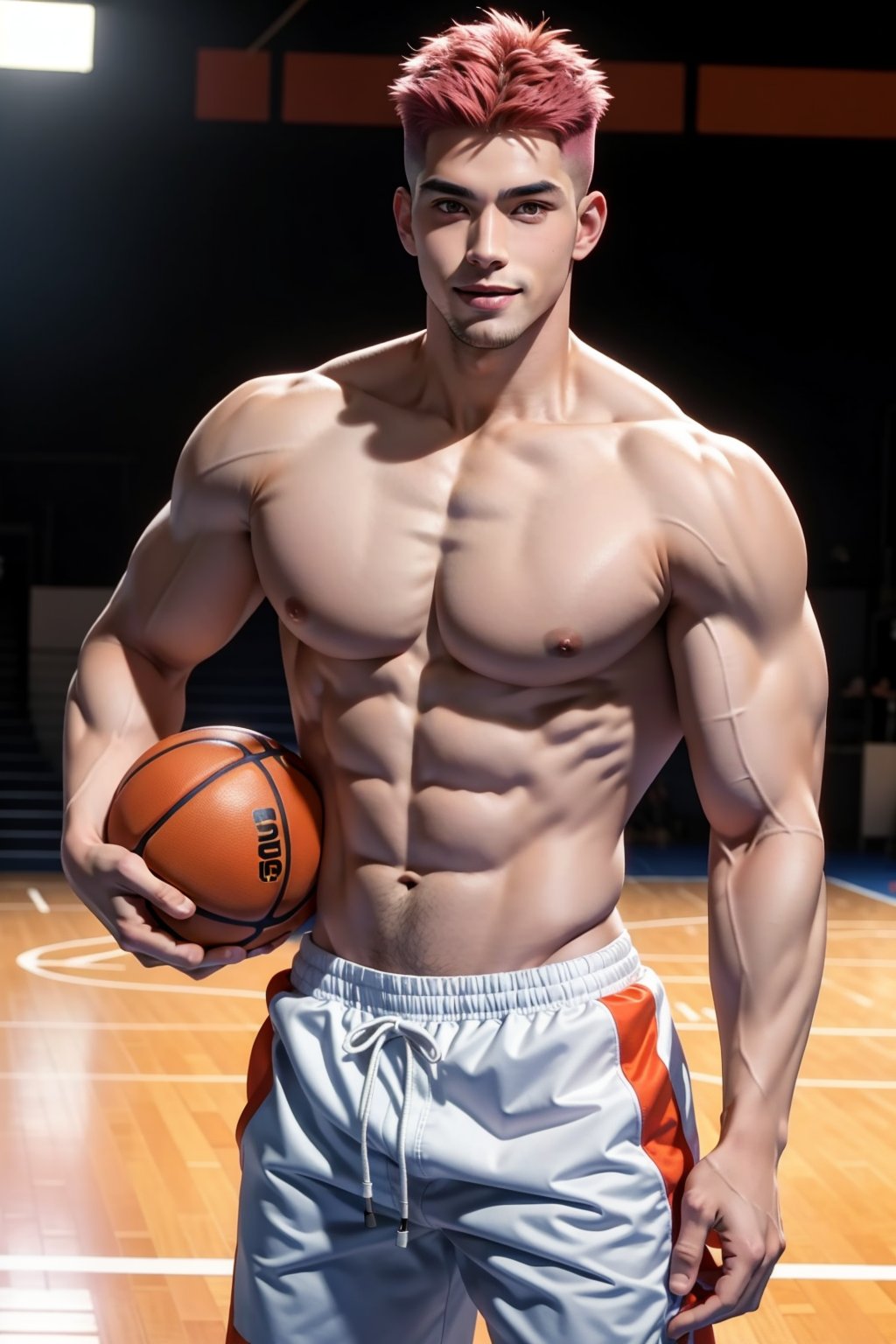 (masterpiece), best quality, expressive eyes, perfect face masterpiece, best quality, Sakuragi, 1boy, male focus, looking at the viewer, muscular, muscular male, big muscles, bara, shirtless, standing, cool ,  male body, male chest, nipples, hot boy, handsome, basketball court, holding basketball, warm atmosphere, orange, (dominance smile,)pink hair