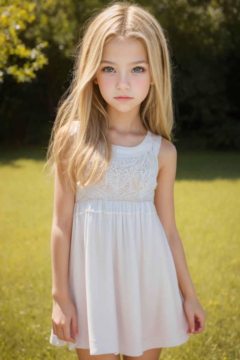 portrait of a preteen girl with a wellformed skinny body, blonde hair, long skinny legs, wearing sundress, (Masterpiece, 8K, HDR, Hyperrealistic, beautiful face)