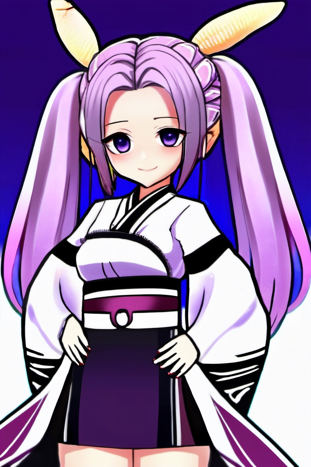 Highly detailed, High Quality, Masterpiece, beautiful, 1girl, QiqiFallen, chibi, on back, , Nakiri Ayame, long hair, double bun, AyameBase, black kimono, hair bell, obi, white thighhighs, bare shoulders, long sleeves, oni mask, mask on head, ,woman,girl,outfit-km,purple dress,ms_puiyi 