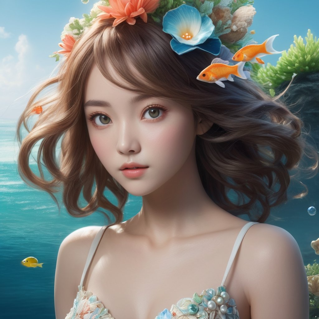 ((masterpiece), (best quality), (highly detailed)), A solo illustration of Miyo, a beautiful and delicate character, with gleaming hair, skin, and clothes. The focus is on her character, captured in a dynamic angle and stylish pose, with strong light coming in and sharp focus. The illustration is rendered in realistic and ultra-detailed 16k resolution, utilizing CGI technology to create a stunning and HD result. Miyo has beautiful and detailed eyes, enhancing her overall appearance. In this artwork, Miyo is depicted in a natural paradise called "The Undersea Garden," where colorful corals and plants create a mesmerizing world. The fish and other animals live in harmonious coexistence. Miyo has wavy hair and is wearing a seashell top, complemented by a pearl necklace. This artwork is an exquisite blend of realism, beauty, and fantasy.