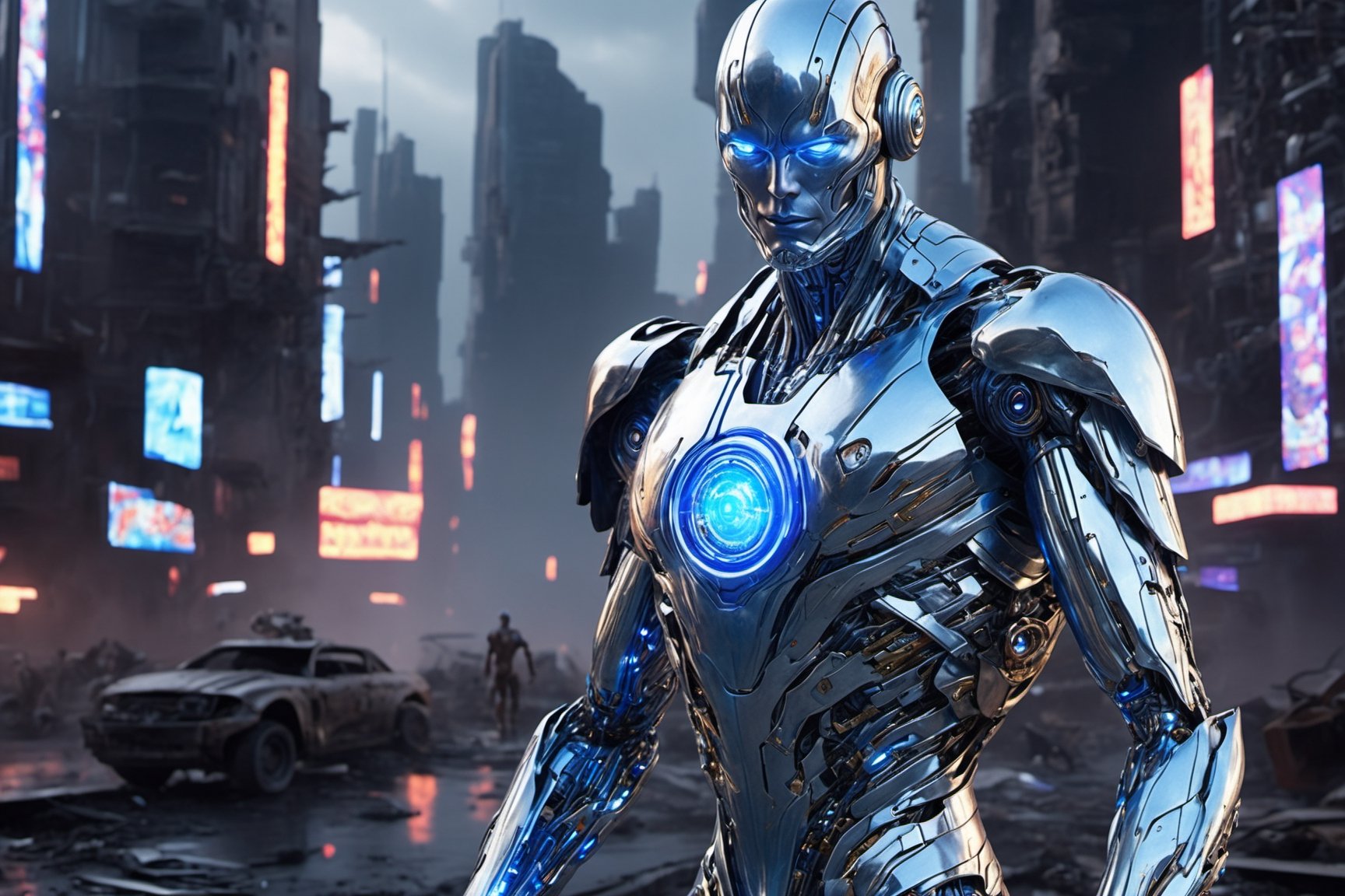 ((Masterpiece), (best quality), (highly detailed)), An evil, futuristic, cybernetic android with glowing blue eyes and a third eye on the forehead. It has a metallic body with neon glow on its limbs and chest. One arm is clenched, while the other arm is stretched out. The android hovers on top of a destroyed city on a silver board with neon glow. This scene is inspired by The Silver Surfer. The artwork will be realistic and ultra-realistic in style, with 12K HD resolution. The cityscape is meticulously rendered, showcasing a post-apocalyptic setting.,mecha,robot,cyborg style,cyborg