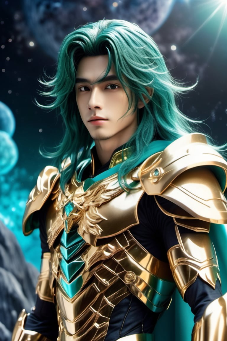 ((Masterpiece), (best quality), (highly detailed)), A majestic Aquarius Gold Saint Seiya with teal long hair emerges at the top of a mountain of stars, radiating a brilliant golden light that outshines the celestial bodies that surround him. The details of his armor are highly intricate, and the coloration of his teal locks are accurately portrayed as they flow behind him.