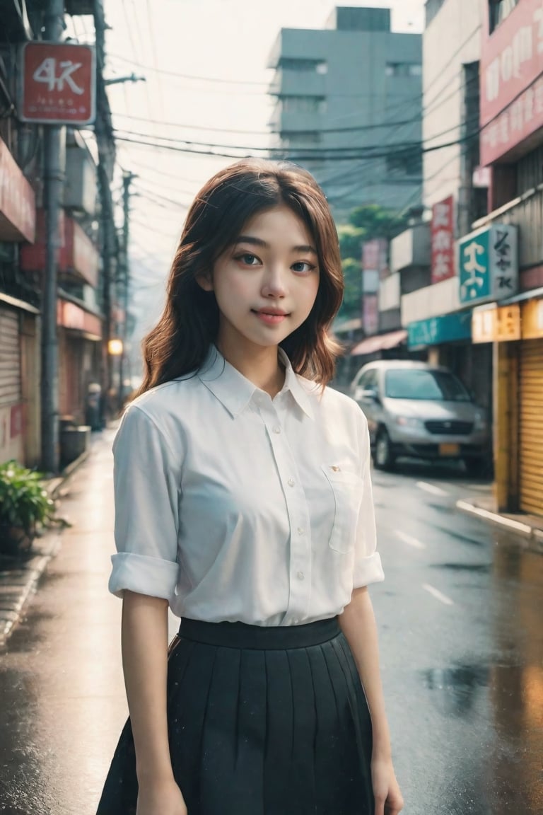 ((Masterpiece), (best quality), (highly detailed)), A realistic and highly detailed photo of a 16-year-old Asian girl with a baby face, small breasts, and big eyes. She has messy hair and is wearing a white collared shirt and a black skirt. She is looking at the viewer with a smile and a blush on her face. The photo has a dramatic lighting effect with ray tracing, giving it a cinematic feel. The background features the scenery of old Taipei city, with no humans in sight. There are various elements in the scene, including ground and motor vehicles, rain, buildings, power lines, windows, signs, water, plants, and utility poles. The photo captures the beauty of the real world location with utmost detail and precision. The resolution of the photo is FHD, 4K, and 8K, ensuring the best quality and ultra-detailed representation. ,dashataran,xxmix_girl,xxmixgirl,LinkGirl,FilmGirl,korean girl,cutegirlmix,male