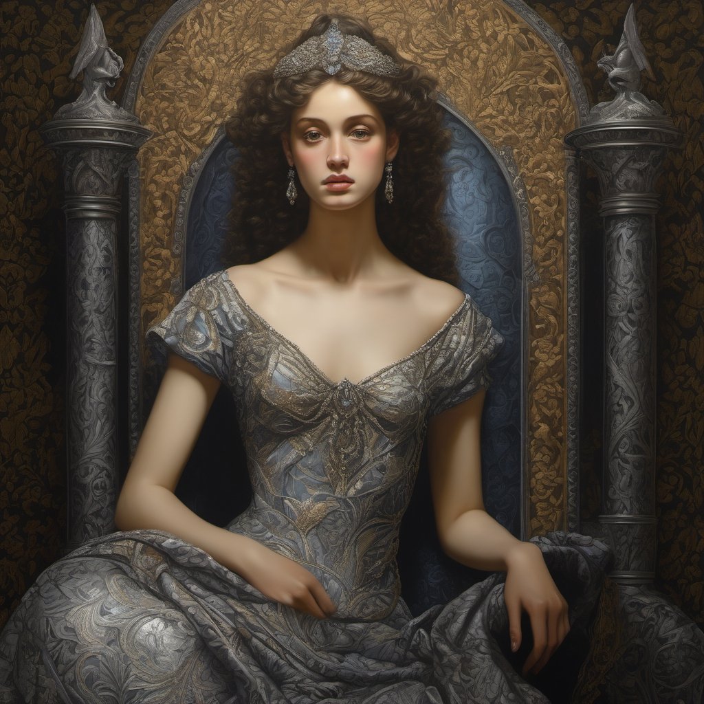 ((masterpiece), (best quality), (highly detailed)), In a chiaroscuro darkened room, a highly detailed digital artwork is created featuring a painting of a beautiful young queen. She is depicted wearing intricate beaded brocade, seated on an elaborate embellished ornate metallic silver throne. The inspiration for this artwork comes from various sources, including Dino Valls, Renaissance art, the sculpture of Hermes, Vittorio Matteo Corcos, album art, and the damask wallpaper background adds to the richness of the scene. The portrait is reminiscent of the beauty and grace of Helen of Troy, and the overall composition draws inspiration from artists such as Jean-Sebastien Rossbach, Louis Royo, Sandro Botticelli, Vargas, and the Pre-Raphaelites.