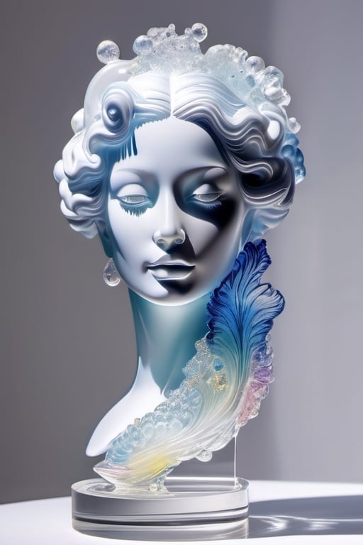 ((masterpiece), (best quality), (highly detailed)), A stunning and ethereal dreamscape showcasing a fully transparent and translucent blown glass sculpture of the head of a woman. This award-winning concept design combines the genius of artists Lisa Frank, Karol Bak, and Kirsty Mitchell. The sculpture is crafted with delicate polycarbonate material, allowing the viewer to admire the visible internals and appreciate the intricate details. The composition is perfect, creating a surreal and mysterious atmosphere, with a touch of fantasy.